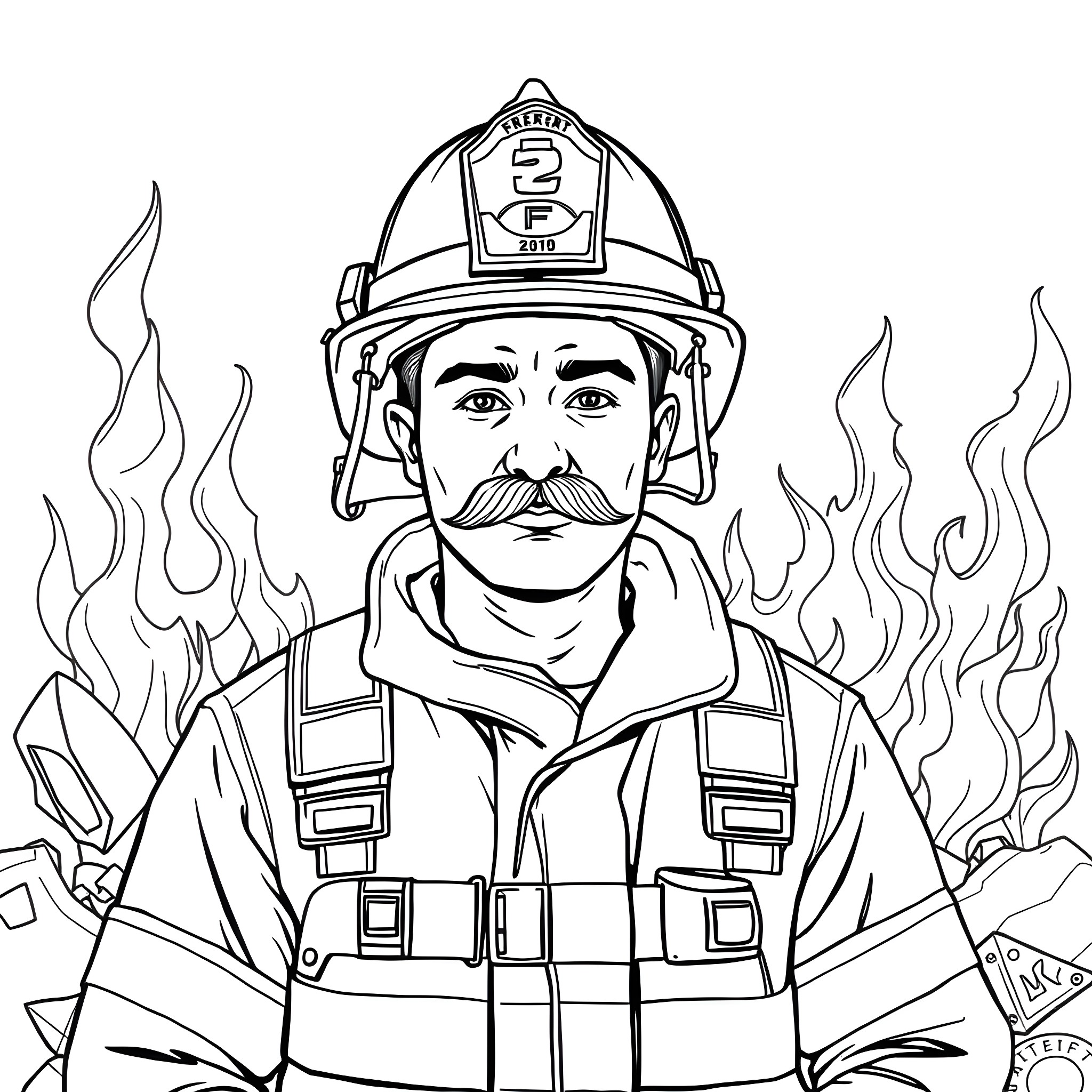 Firefighter in action with determined expression Coloring Page (free black-and-white line drawing printable PDF for all, from beginners to advanced learners, including children, teens, adults, and seniors)