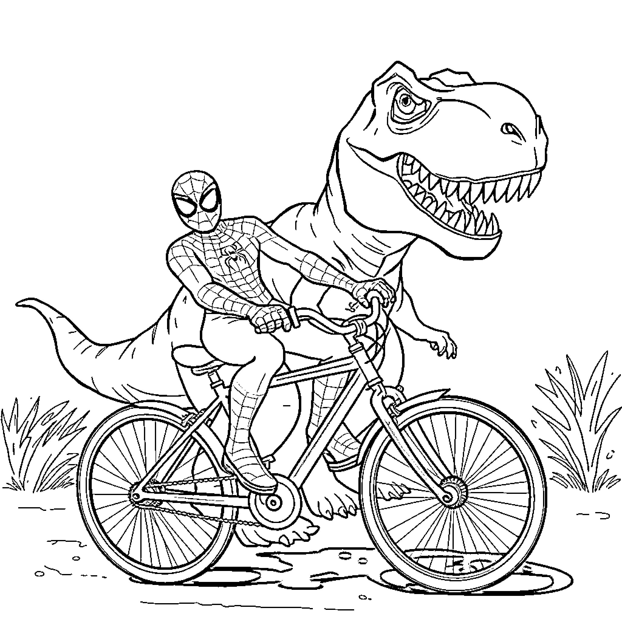 Spiderman riding a bicycle with a dinosaur Coloring Page (free black-and-white line drawing printable PDF for all, from beginners to advanced learners, including children, teens, adults, and seniors)