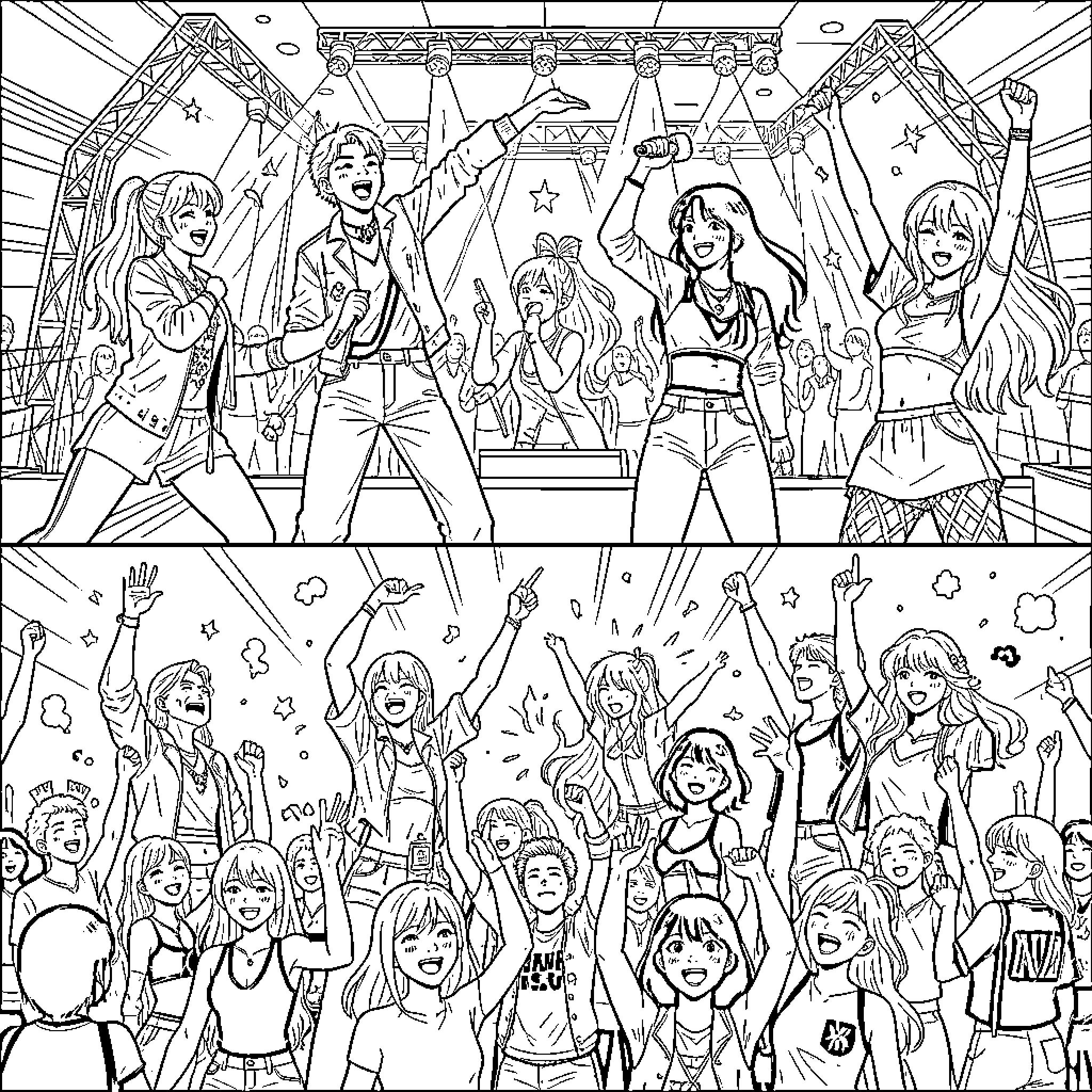 Kpop Stars Performing on Stage with Adoring Fans Coloring Page (free black-and-white line drawing printable PDF for all, from beginners to advanced learners, including children, teens, adults, and seniors)