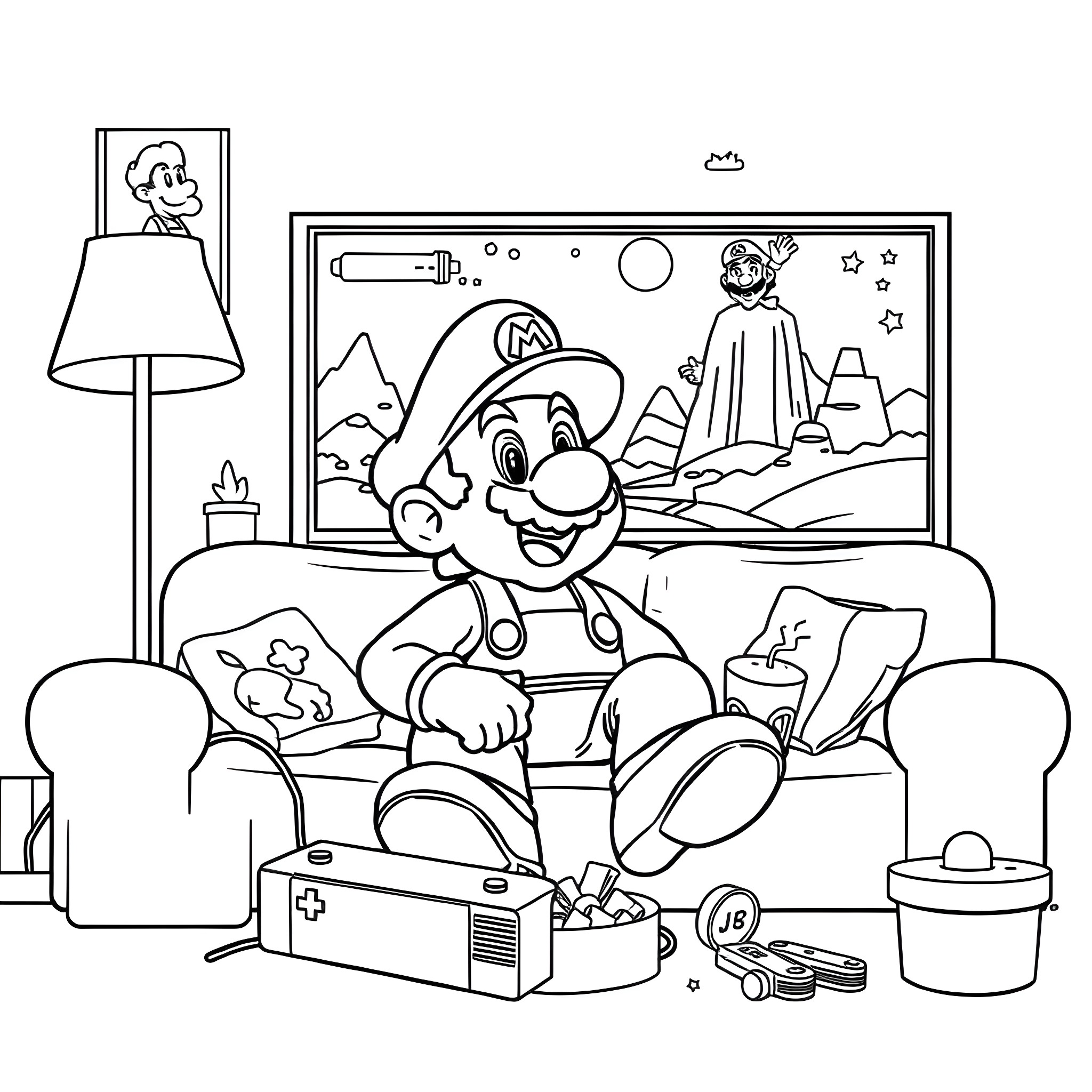 Mario relaxing at home with video game and snacks Coloring Page (free black-and-white line drawing printable PDF for all, from beginners to advanced learners, including children, teens, adults, and seniors)