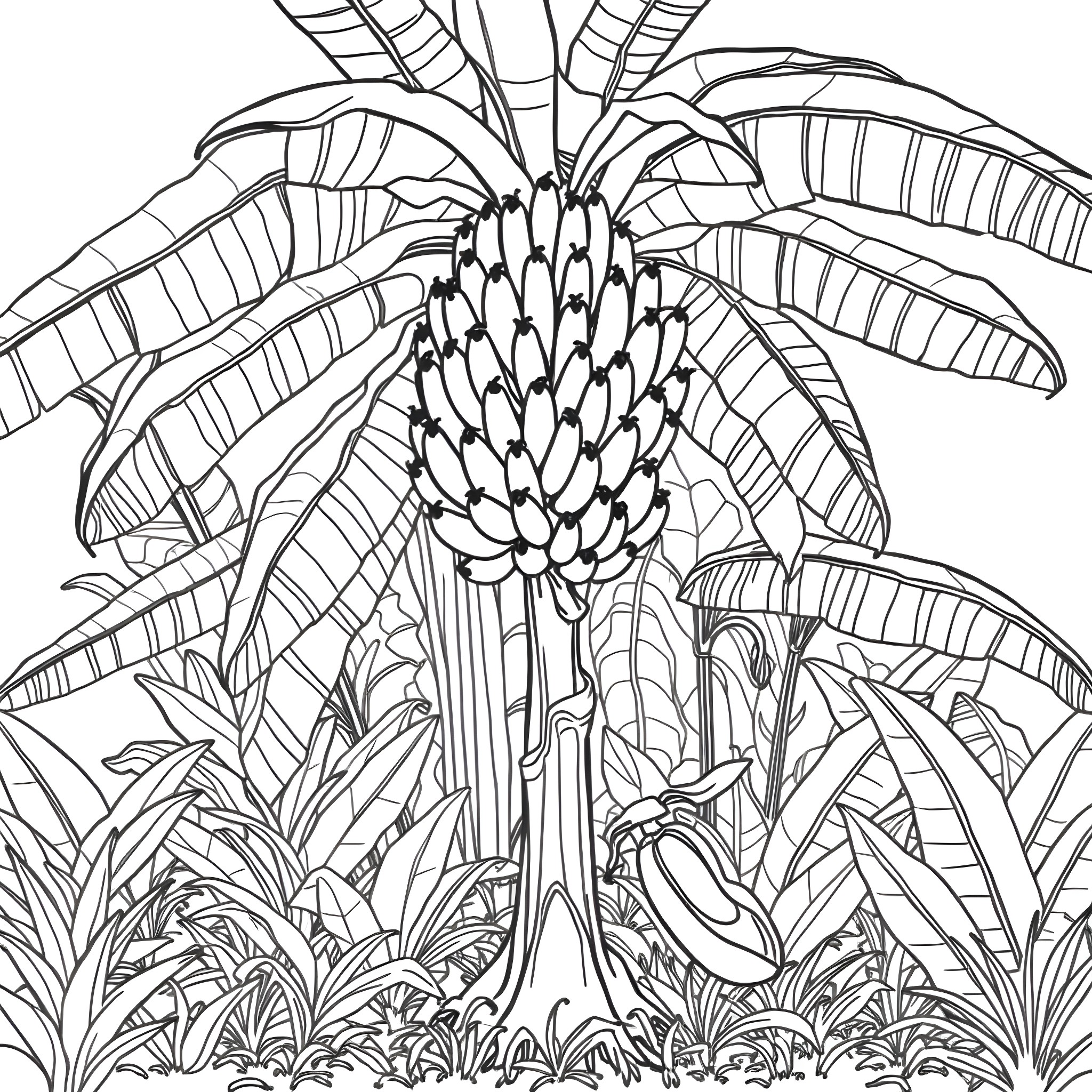 Banana plant with lush tropical foliage Coloring Page (free black-and-white line drawing printable PDF for all, from beginners to advanced learners, including children, teens, adults, and seniors)