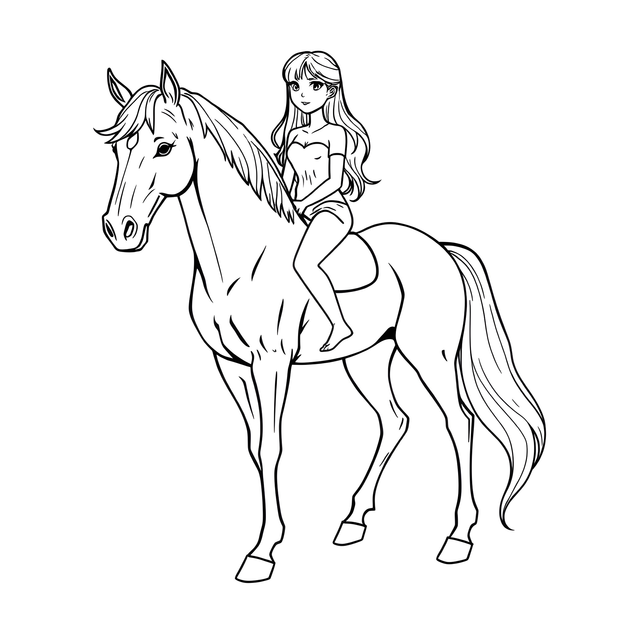 Centaur girl riding a majestic horse Coloring Page (free black-and-white line drawing printable PDF for all, from beginners to advanced learners, including children, teens, adults, and seniors)