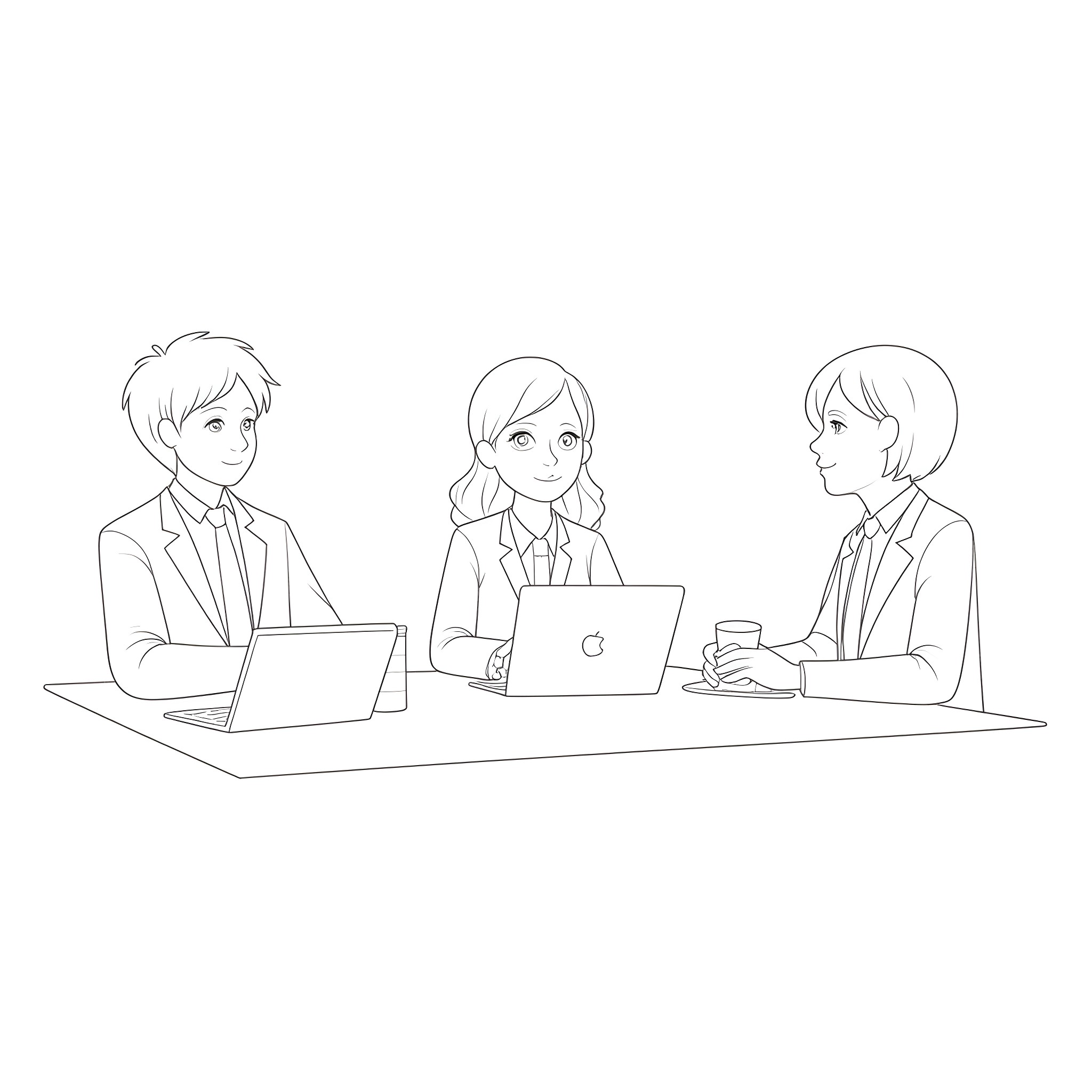Character Office Workers Using Laptops Coloring Page (free black-and-white line drawing printable PDF for all, from beginners to advanced learners, including children, teens, adults, and seniors)