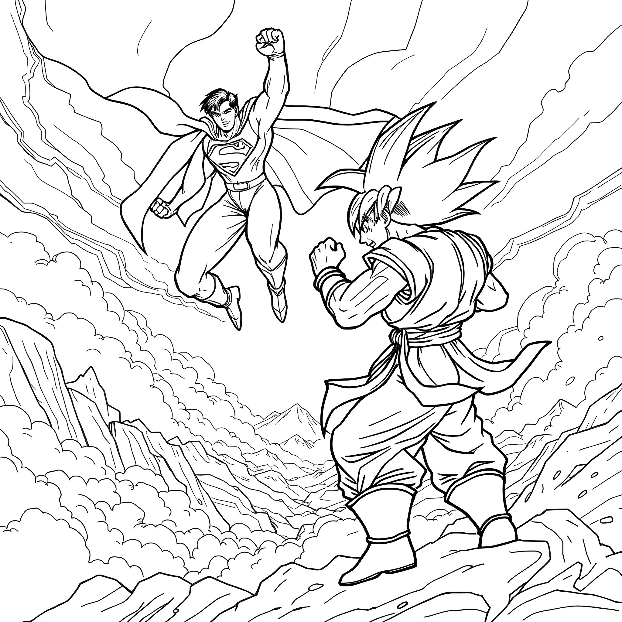 Superman battles a powerful foe in an epic showdown Coloring Page (free black-and-white line drawing printable PDF for all, from beginners to advanced learners, including children, teens, adults, and seniors)