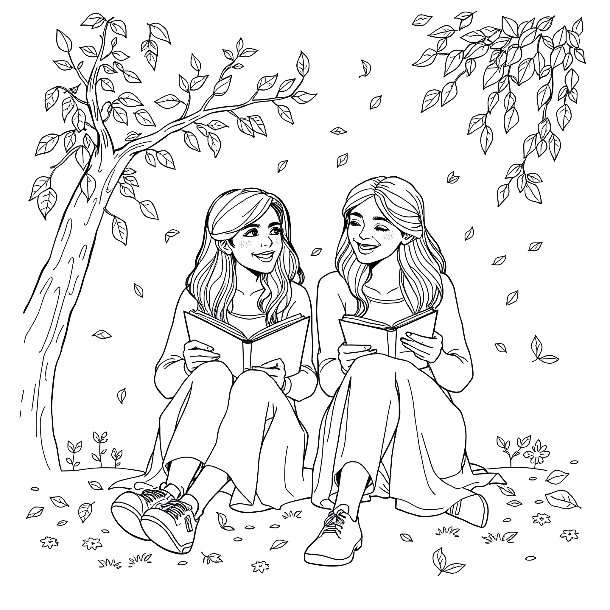 Colie's Autumn Adventure with Friends Coloring Page (free black-and-white line drawing printable PDF for all, from beginners to advanced learners, including children, teens, adults, and seniors)