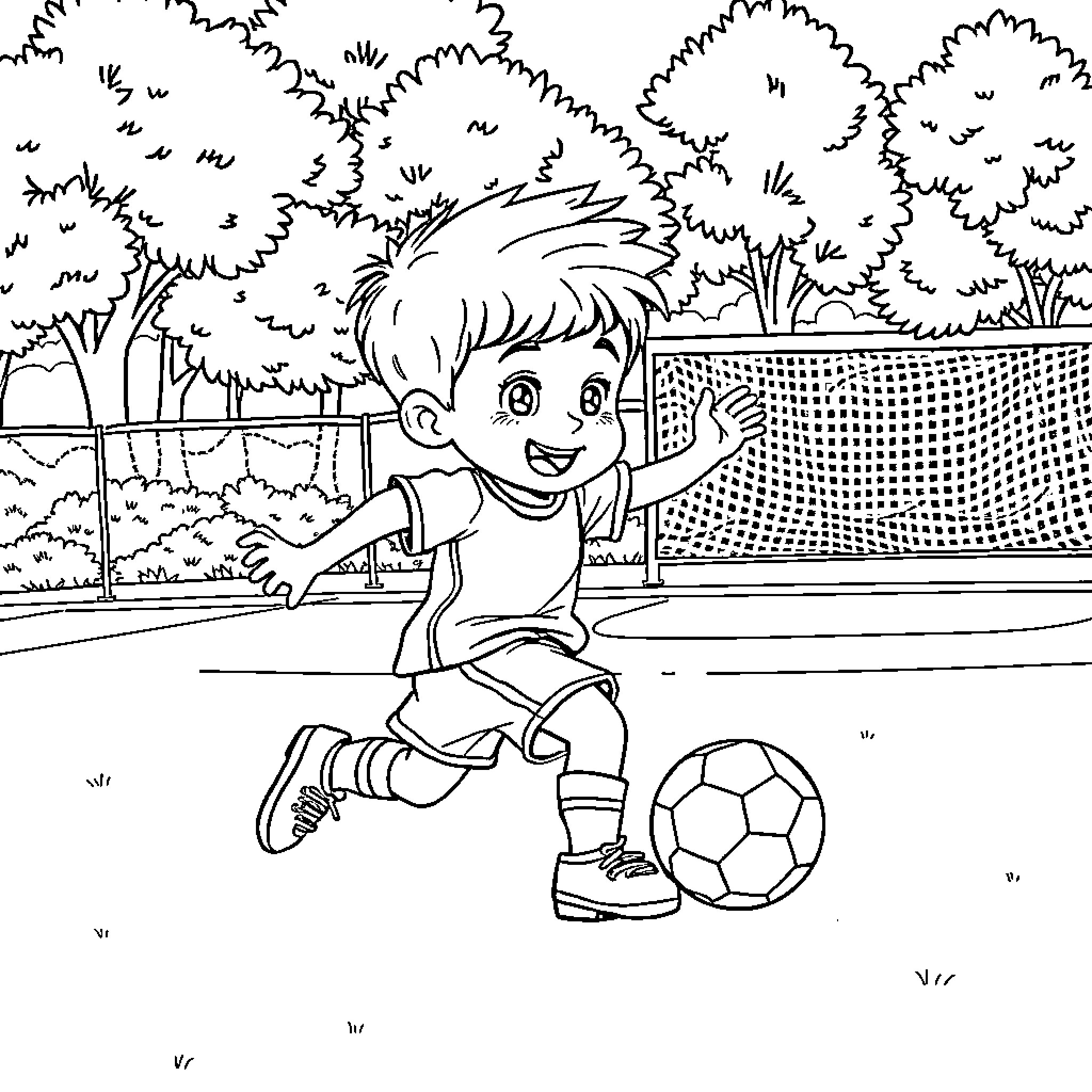 Child playing soccer in the park Coloring Page (free black-and-white line drawing printable PDF for all, from beginners to advanced learners, including children, teens, adults, and seniors)