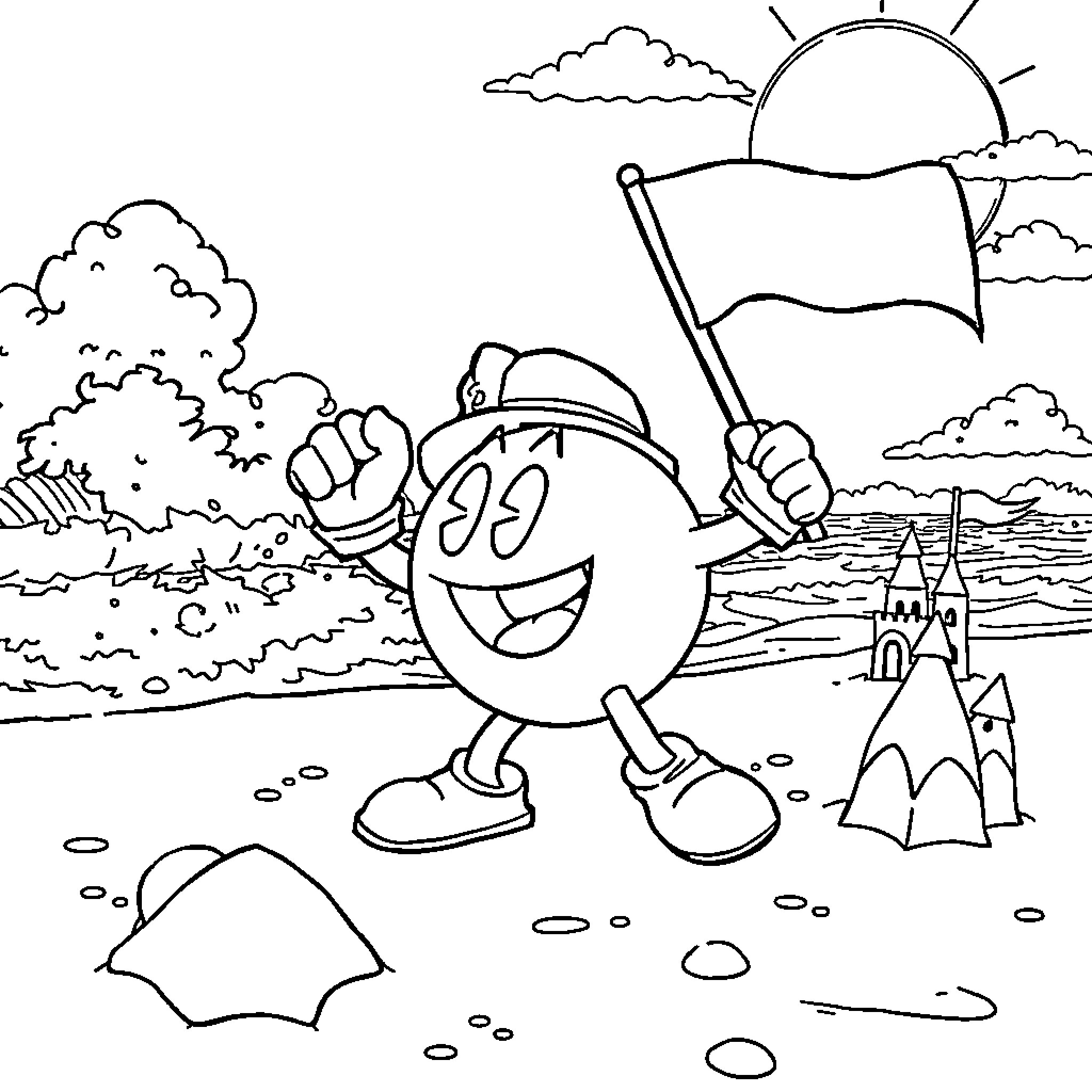 Pac-Man exploring a seaside landscape Coloring Page (free black-and-white line drawing printable PDF for all, from beginners to advanced learners, including children, teens, adults, and seniors)