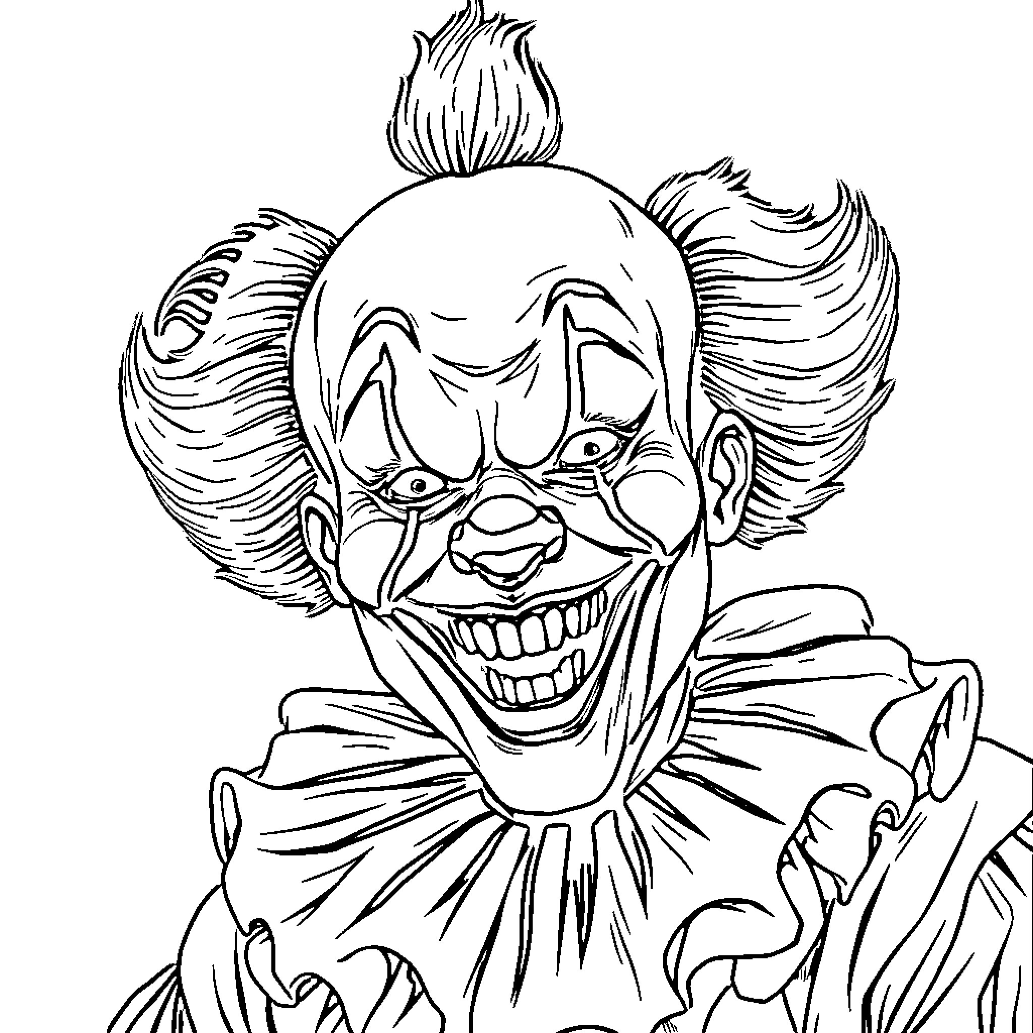 Clown with Sinister Grin and Unruly Hair Coloring Page (free black-and-white line drawing printable PDF for all, from beginners to advanced learners, including children, teens, adults, and seniors)