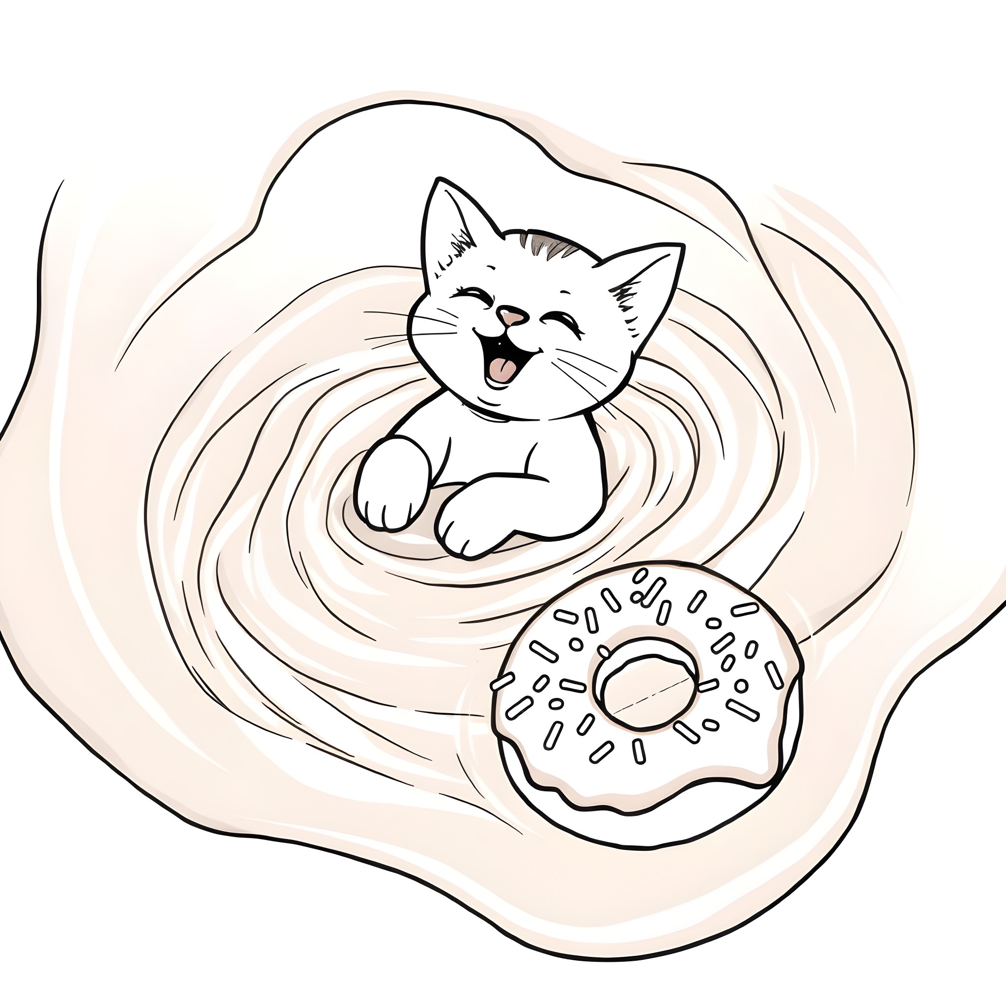 Cat enjoying a delightful doughnut Coloring Page (free black-and-white line drawing printable PDF for all, from beginners to advanced learners, including children, teens, adults, and seniors)