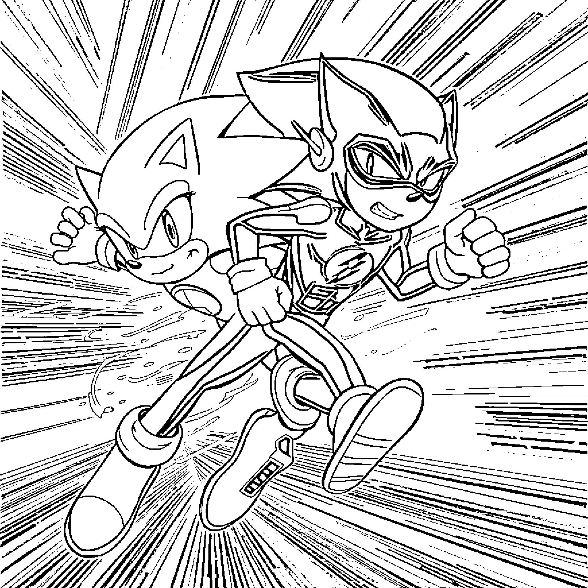 Sonic Speeding through an Intense Action Scene Coloring Page (free black-and-white line drawing printable PDF for all, from beginners to advanced learners, including children, teens, adults, and seniors)