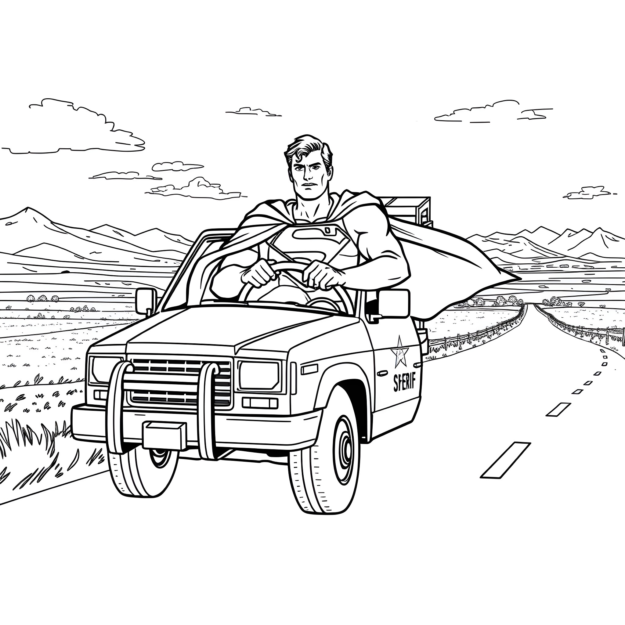 Superman driving a police car on the highway Coloring Page (free black-and-white line drawing printable PDF for all, from beginners to advanced learners, including children, teens, adults, and seniors)