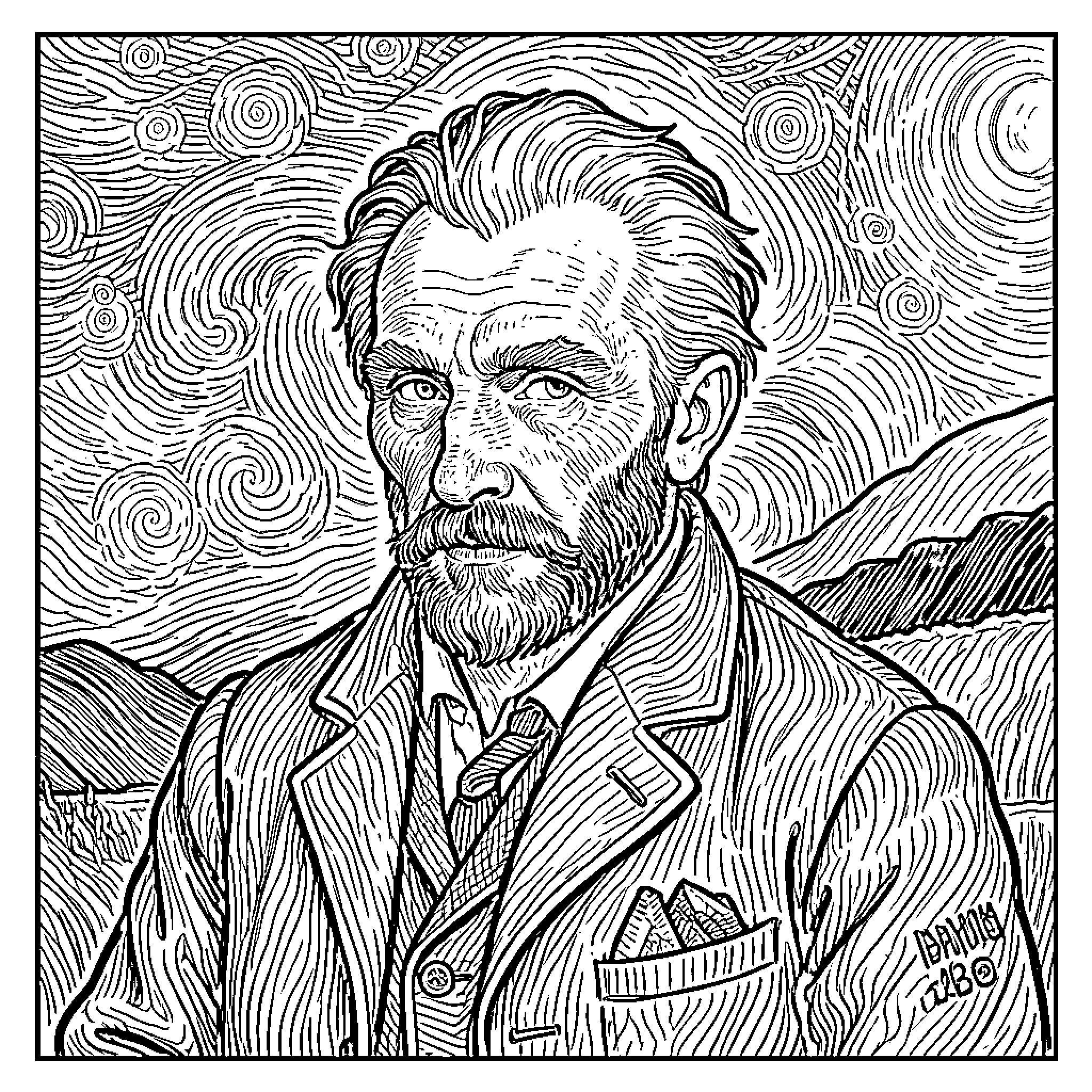 Van Gogh's Self-Portrait in Expressive Linework Coloring Page (free black-and-white line drawing printable PDF for all, from beginners to advanced learners, including children, teens, adults, and seniors)
