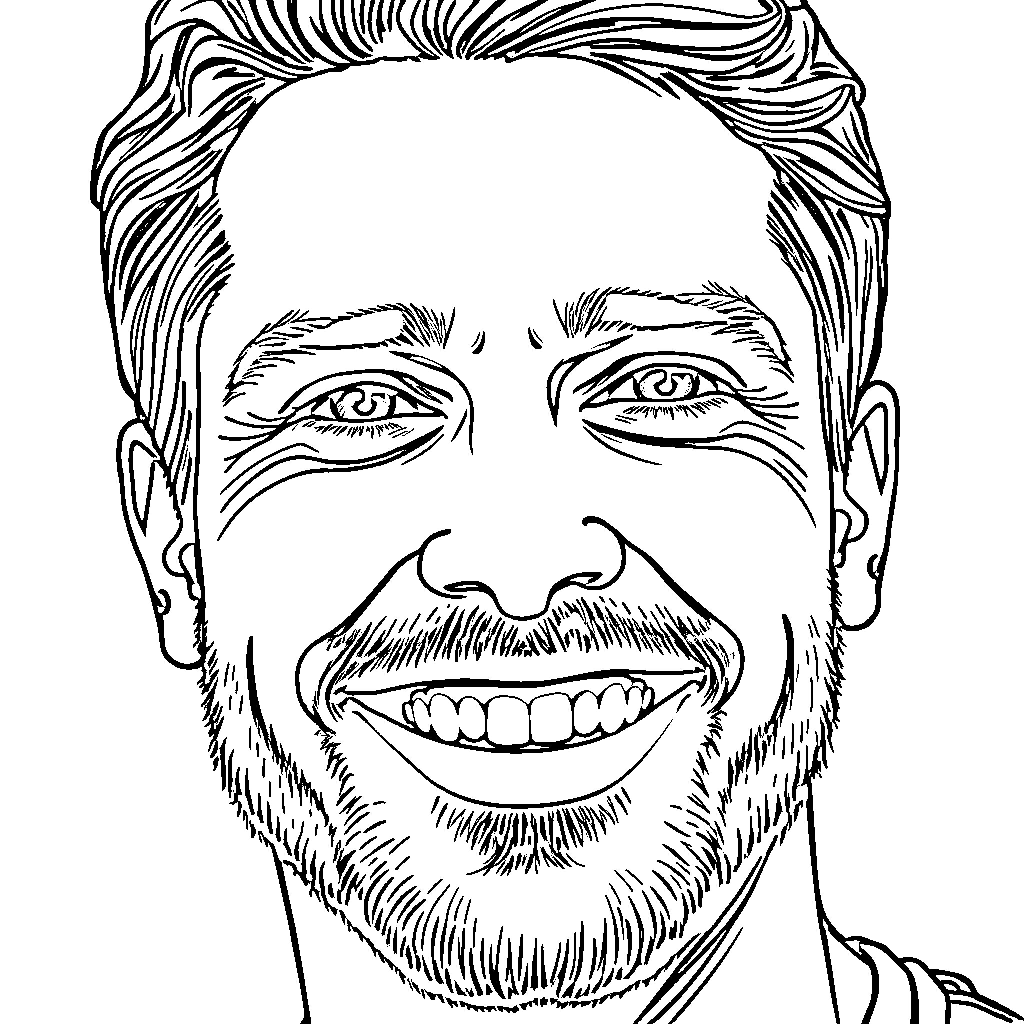Portrait of a smiling man with a beard Coloring Page (free black-and-white line drawing printable PDF for all, from beginners to advanced learners, including children, teens, adults, and seniors)