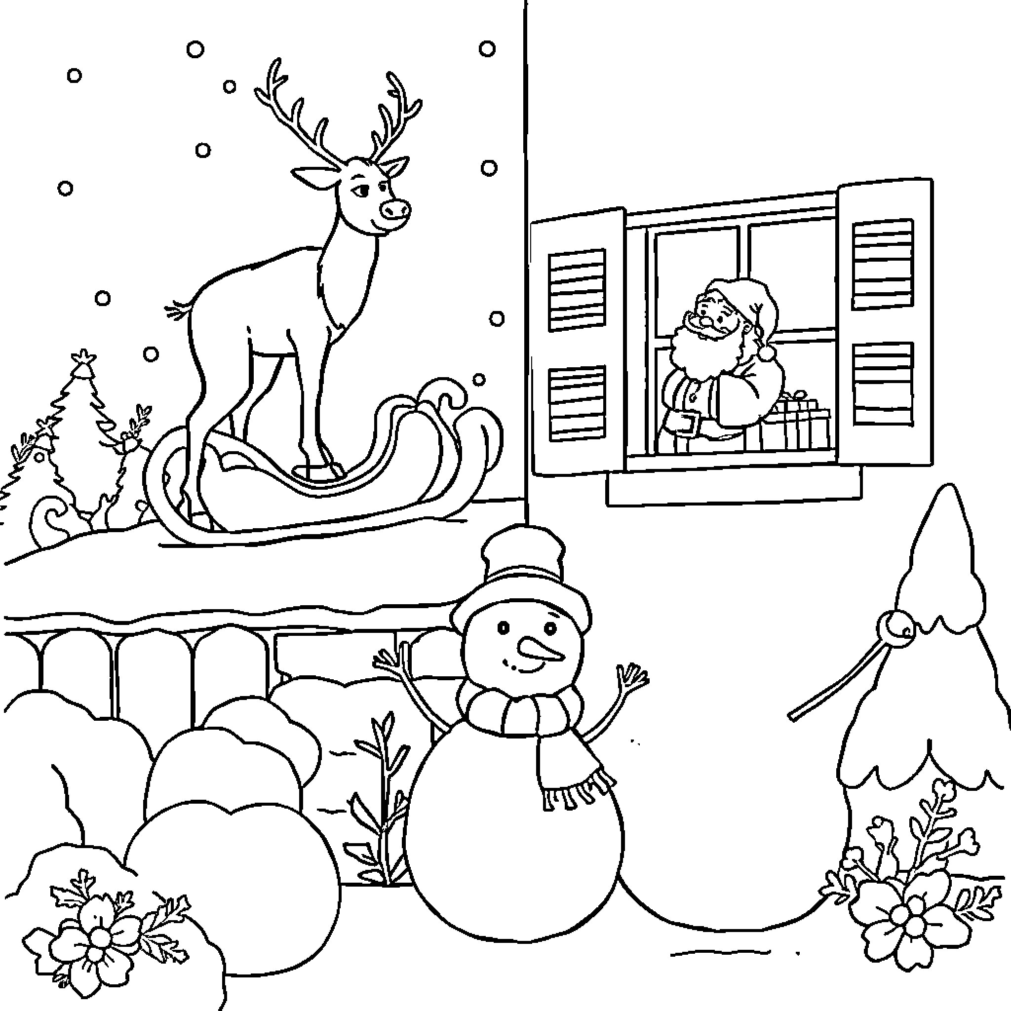 Reindeer and Snowman in Winter Scene Coloring Page (free black-and-white line drawing printable PDF for all, from beginners to advanced learners, including children, teens, adults, and seniors)