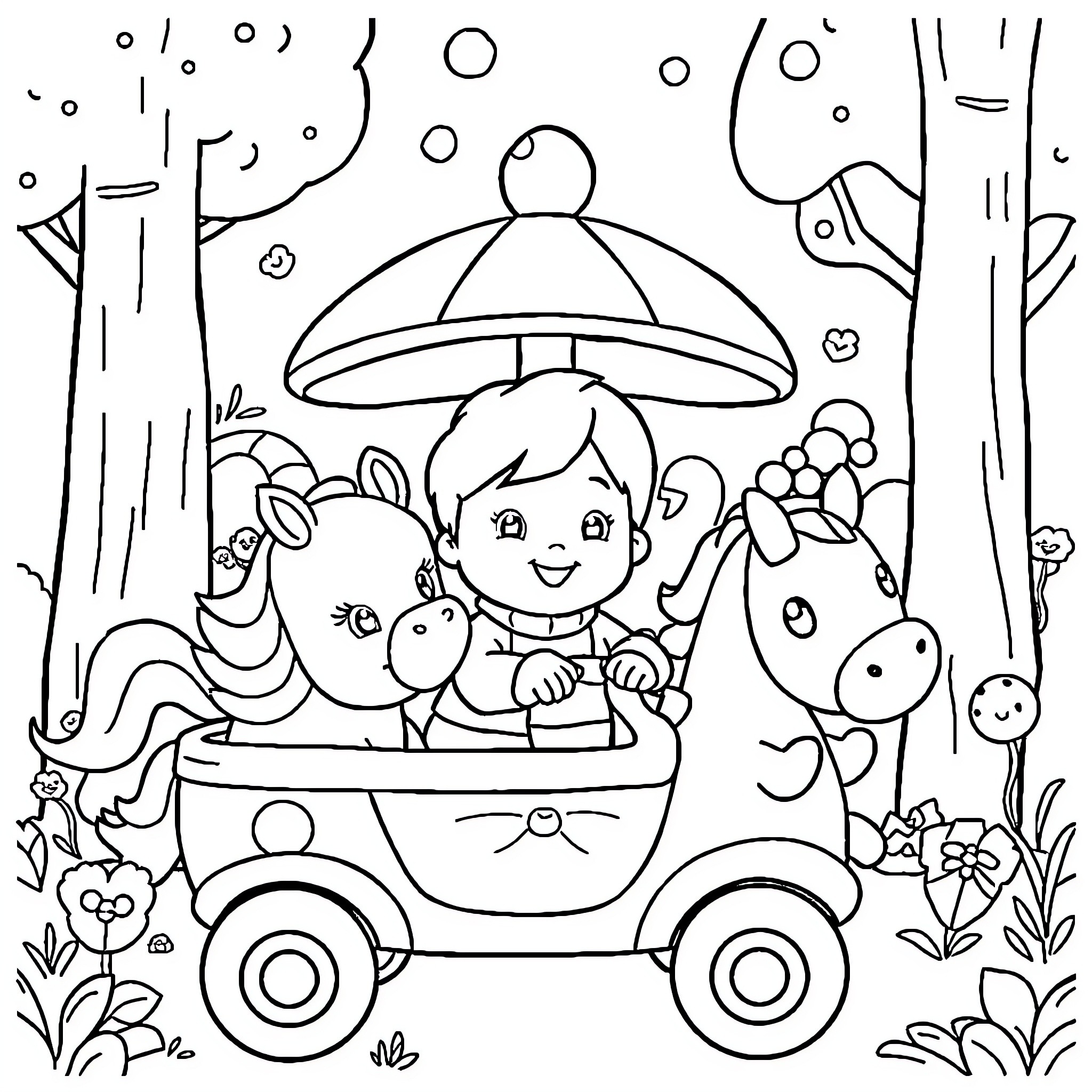 Pocoyo and friends in a whimsical adventure Coloring Page (free black-and-white line drawing printable PDF for all, from beginners to advanced learners, including children, teens, adults, and seniors)