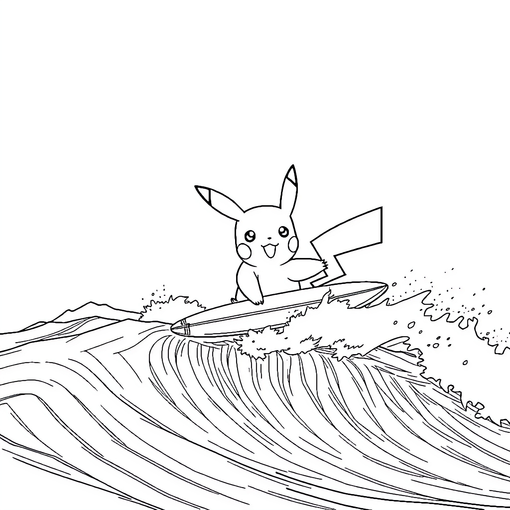 Pikachu riding a surfboard on giant wave Coloring Page (free black-and-white line drawing printable PDF for all, from beginners to advanced learners, including children, teens, adults, and seniors)