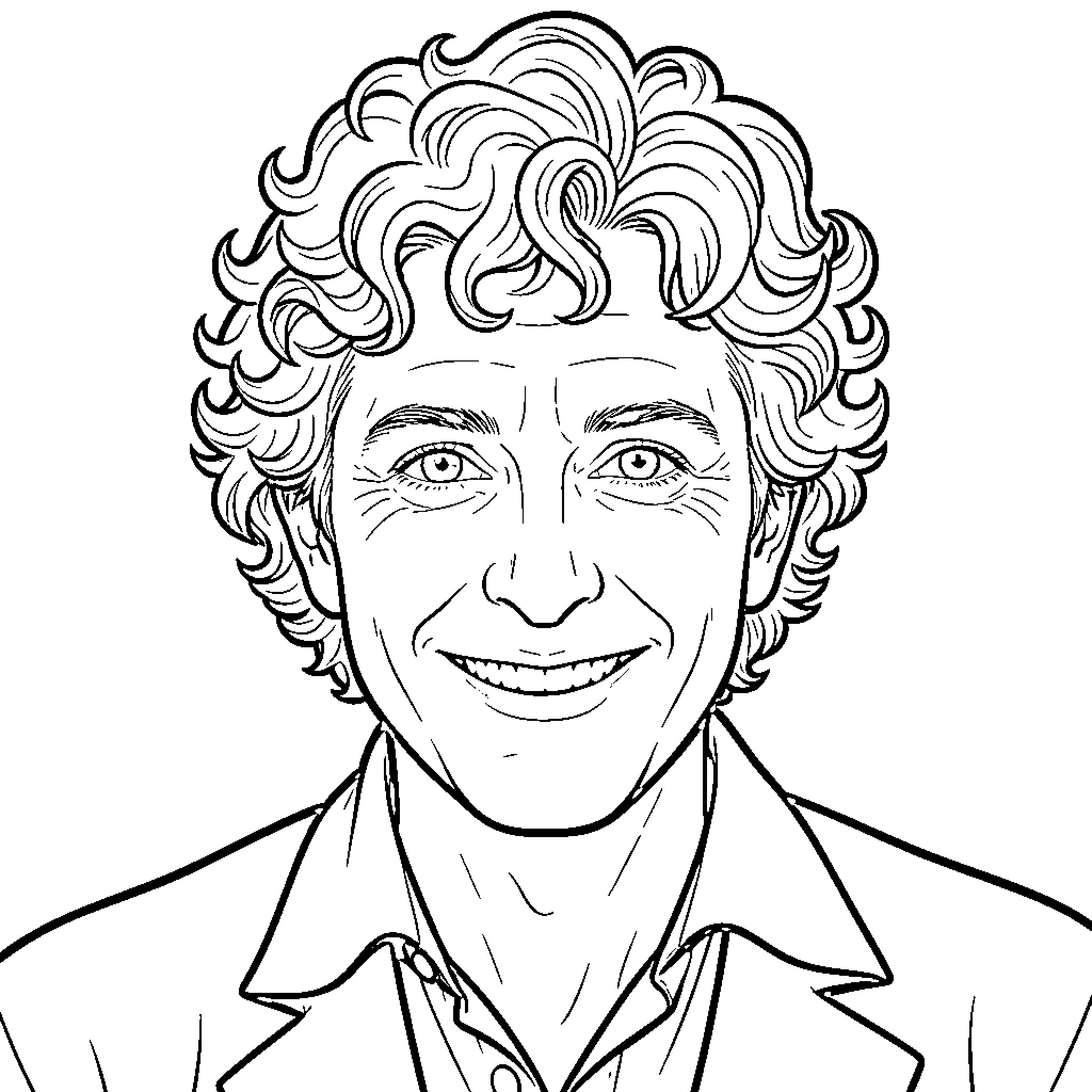David Tennant smiling with curly hairstyle Coloring Page (free black-and-white line drawing printable PDF for all, from beginners to advanced learners, including children, teens, adults, and seniors)