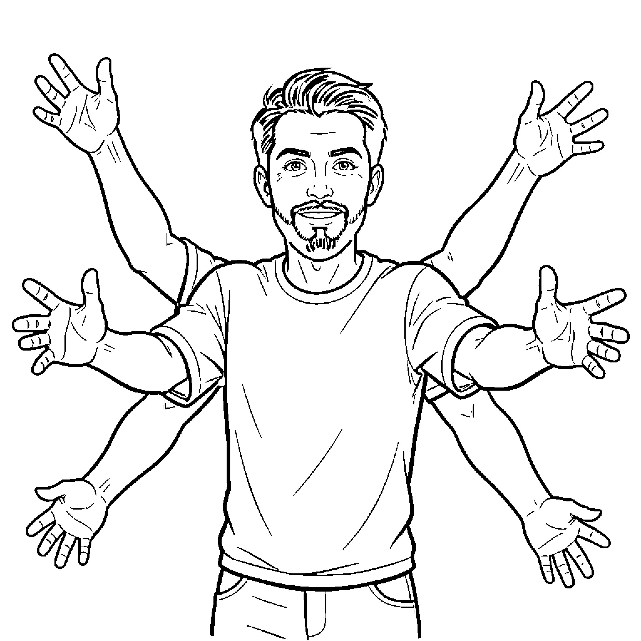 Man with multiple arms spreading hands wide Coloring Page (free black-and-white line drawing printable PDF for all, from beginners to advanced learners, including children, teens, adults, and seniors)