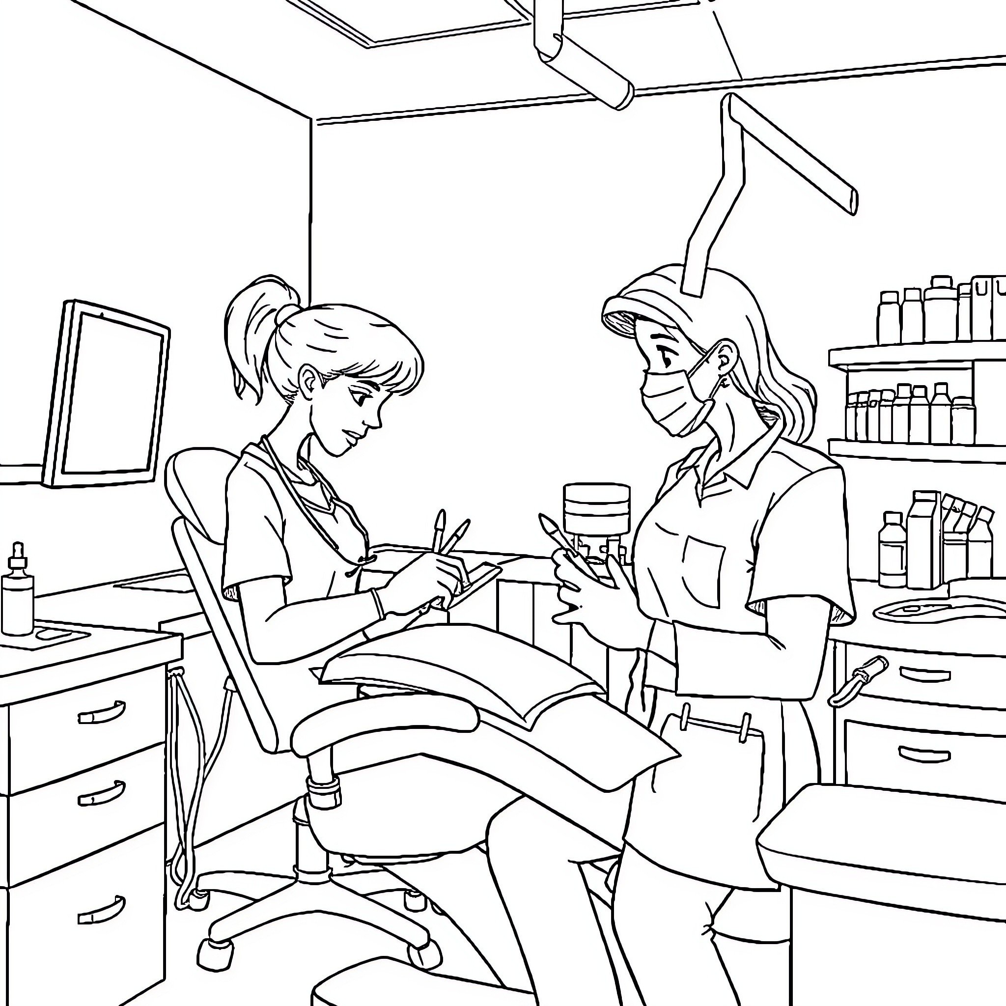 Dental Assistant Aiding Patient in Dental Clinic Coloring Page (free black-and-white line drawing printable PDF for all, from beginners to advanced learners, including children, teens, adults, and seniors)