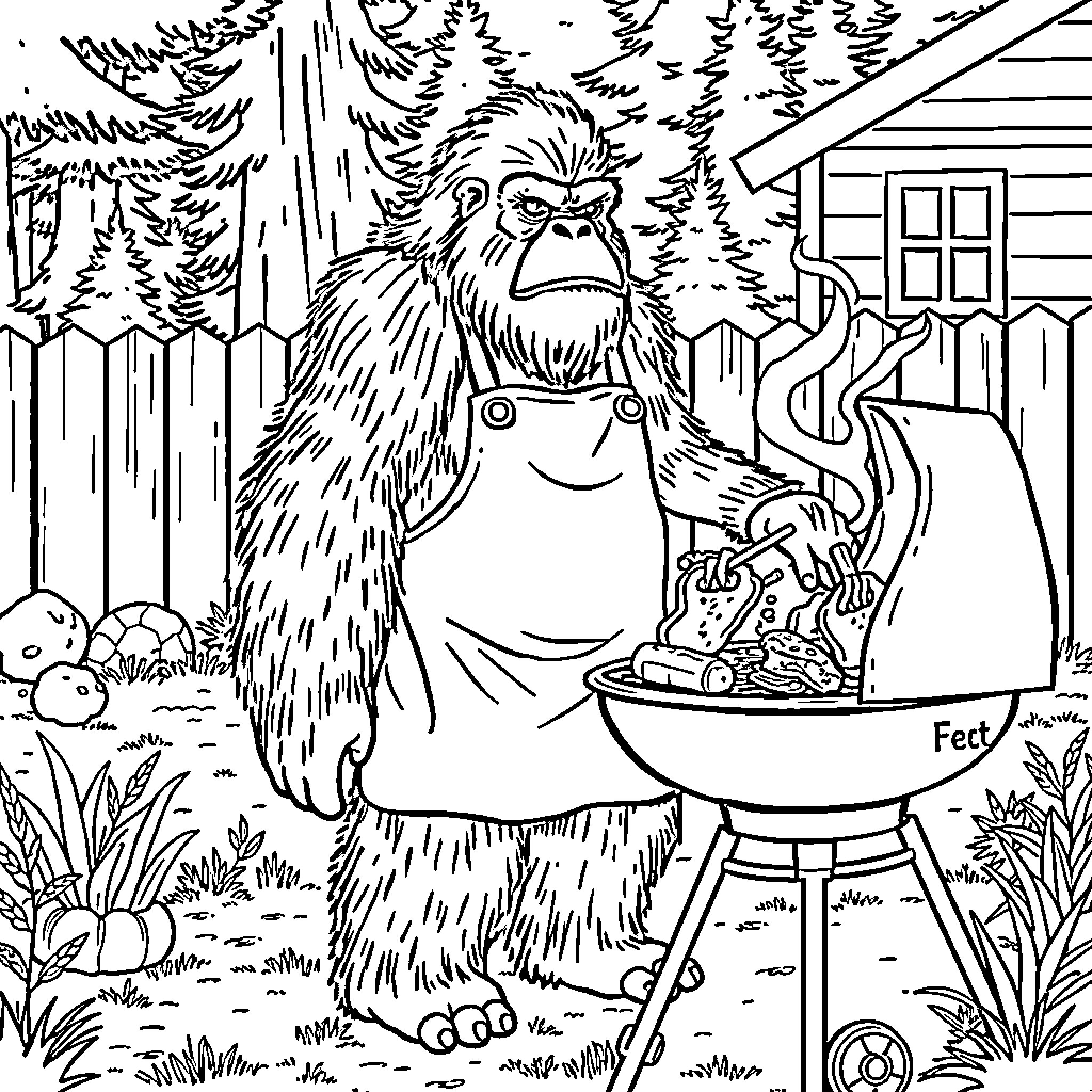 Bigfoot grilling burgers in the backyard Coloring Page (free black-and-white line drawing printable PDF for all, from beginners to advanced learners, including children, teens, adults, and seniors)