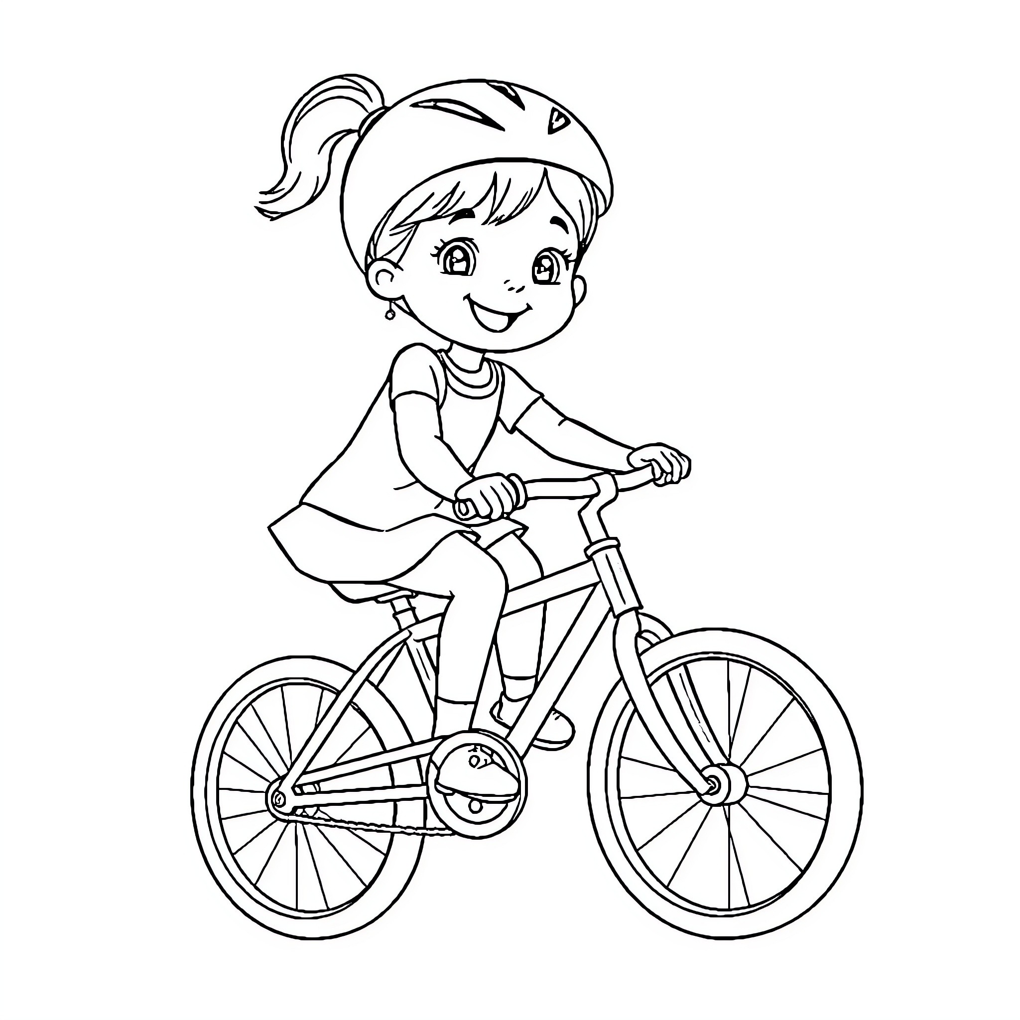 Girl riding a bicycle happily Coloring Page (free black-and-white line drawing printable PDF for all, from beginners to advanced learners, including children, teens, adults, and seniors)