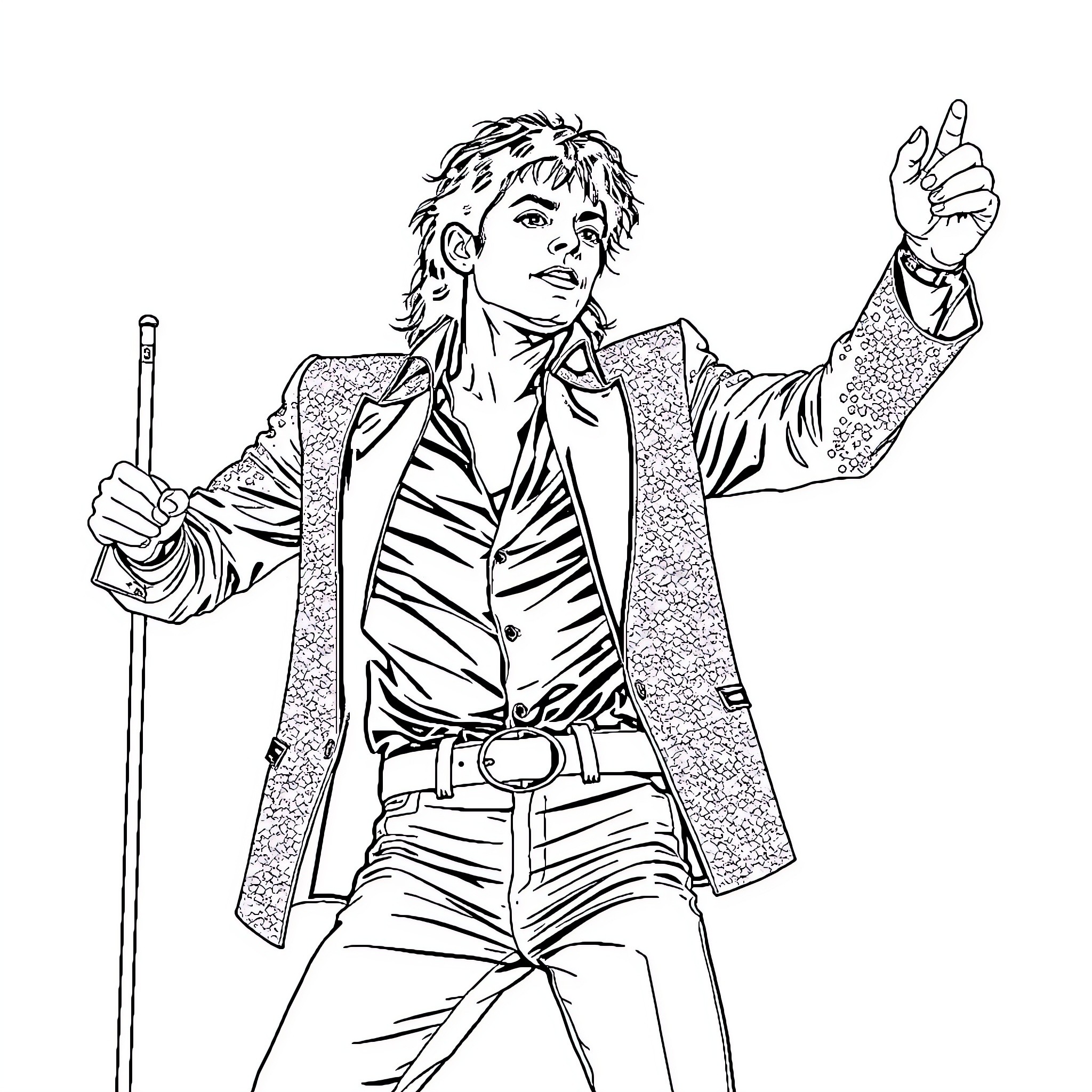 Michael Jackson striking a dramatic pose Coloring Page (free black-and-white line drawing printable PDF for all, from beginners to advanced learners, including children, teens, adults, and seniors)