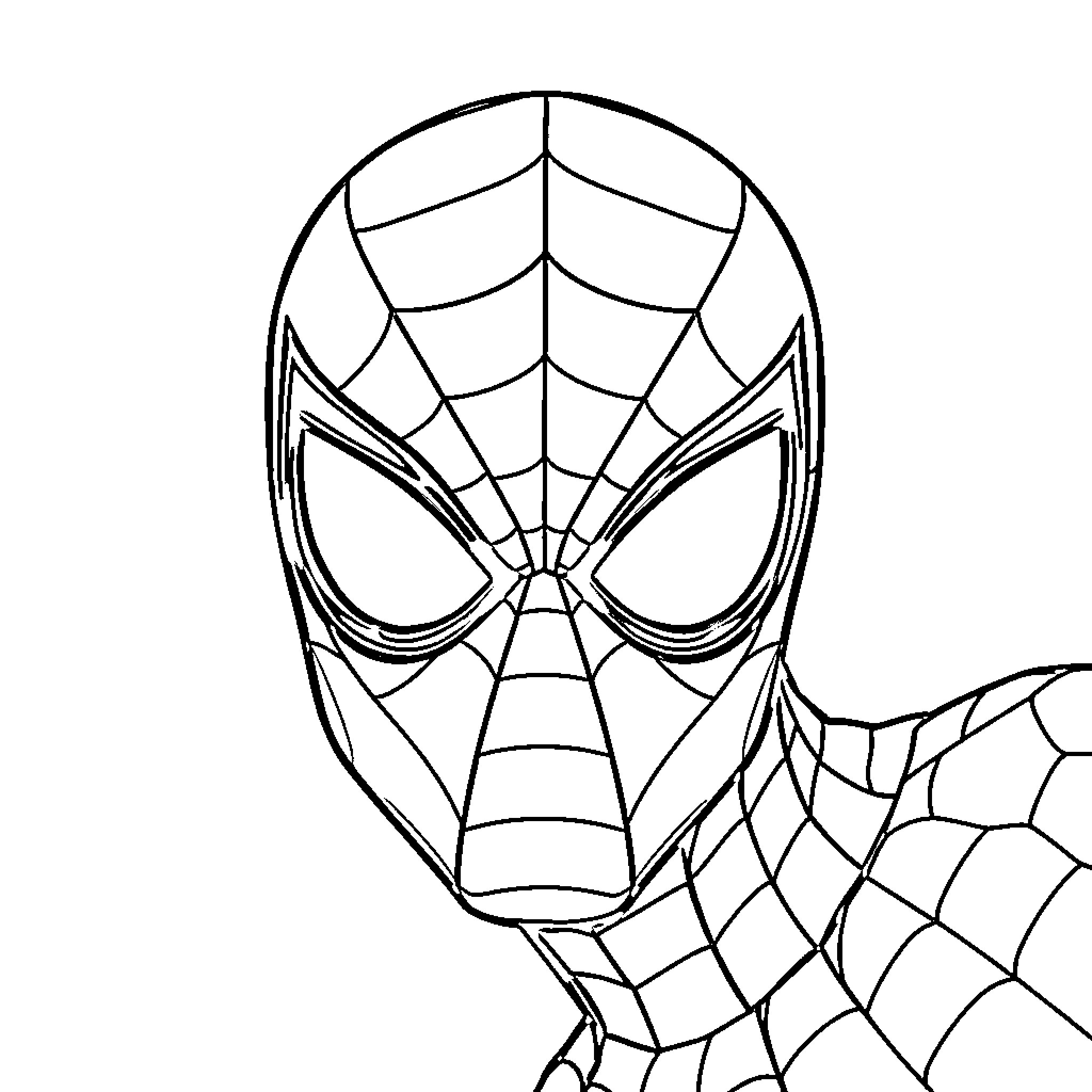 Spiderman's heroic pose with webbed mask and suit Coloring Page (free black-and-white line drawing printable PDF for all, from beginners to advanced learners, including children, teens, adults, and seniors)