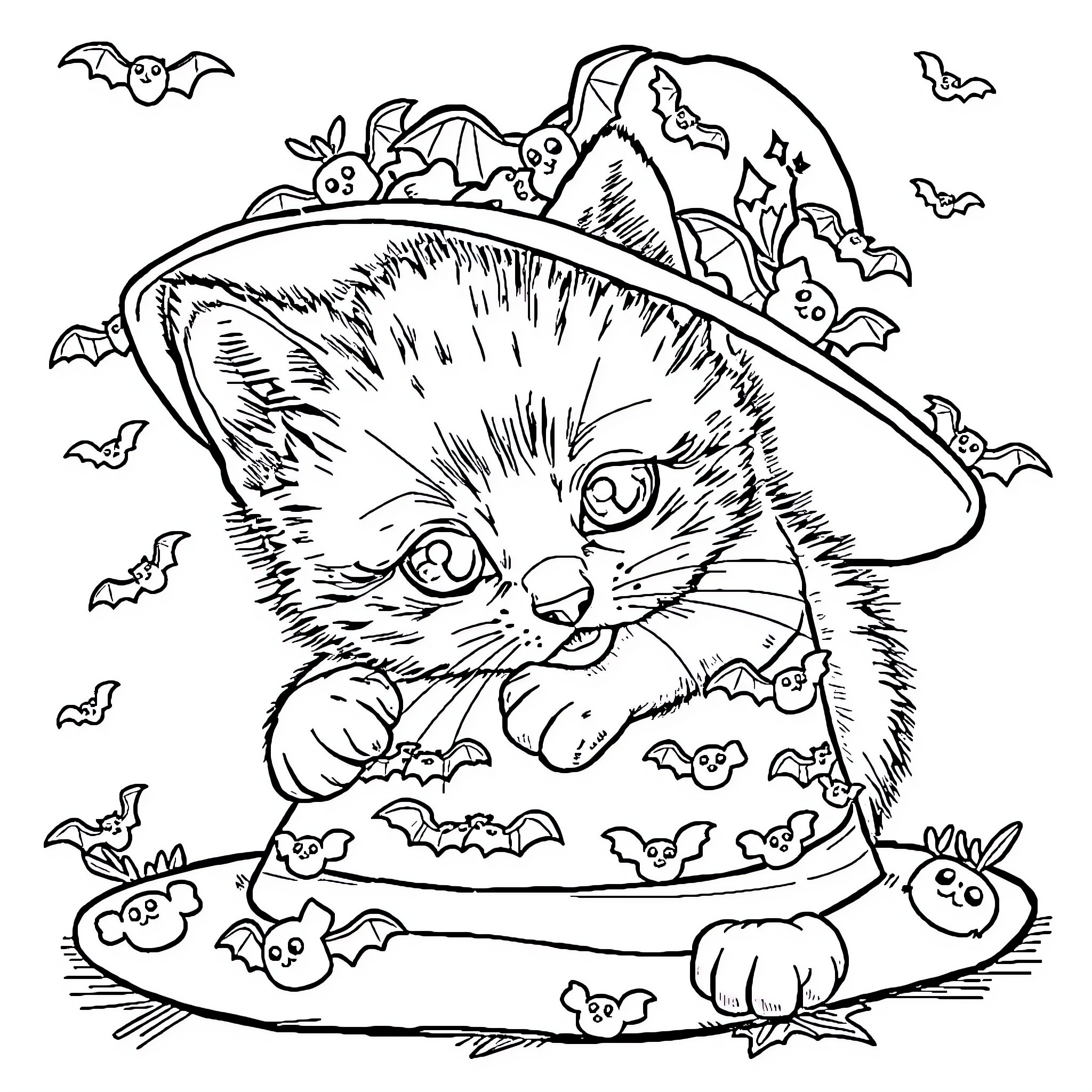 Kitten in a Halloween Hat with Bats Coloring Page (free black-and-white line drawing printable PDF for all, from beginners to advanced learners, including children, teens, adults, and seniors)