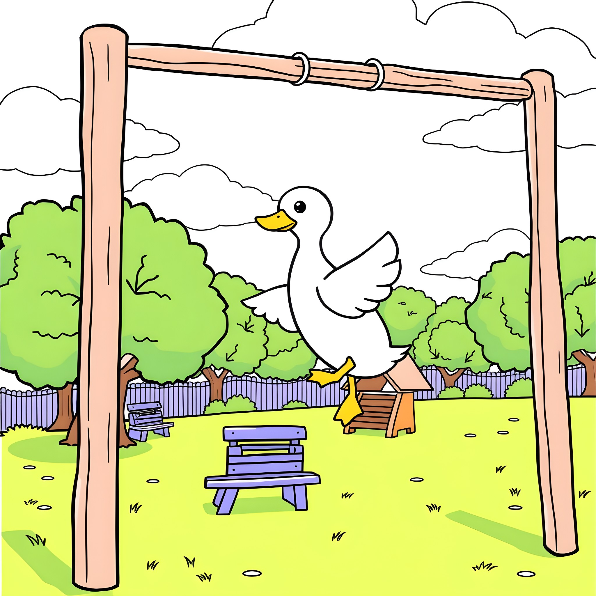 Duck playing on a swing in the park Coloring Page (free black-and-white line drawing printable PDF for all, from beginners to advanced learners, including children, teens, adults, and seniors)
