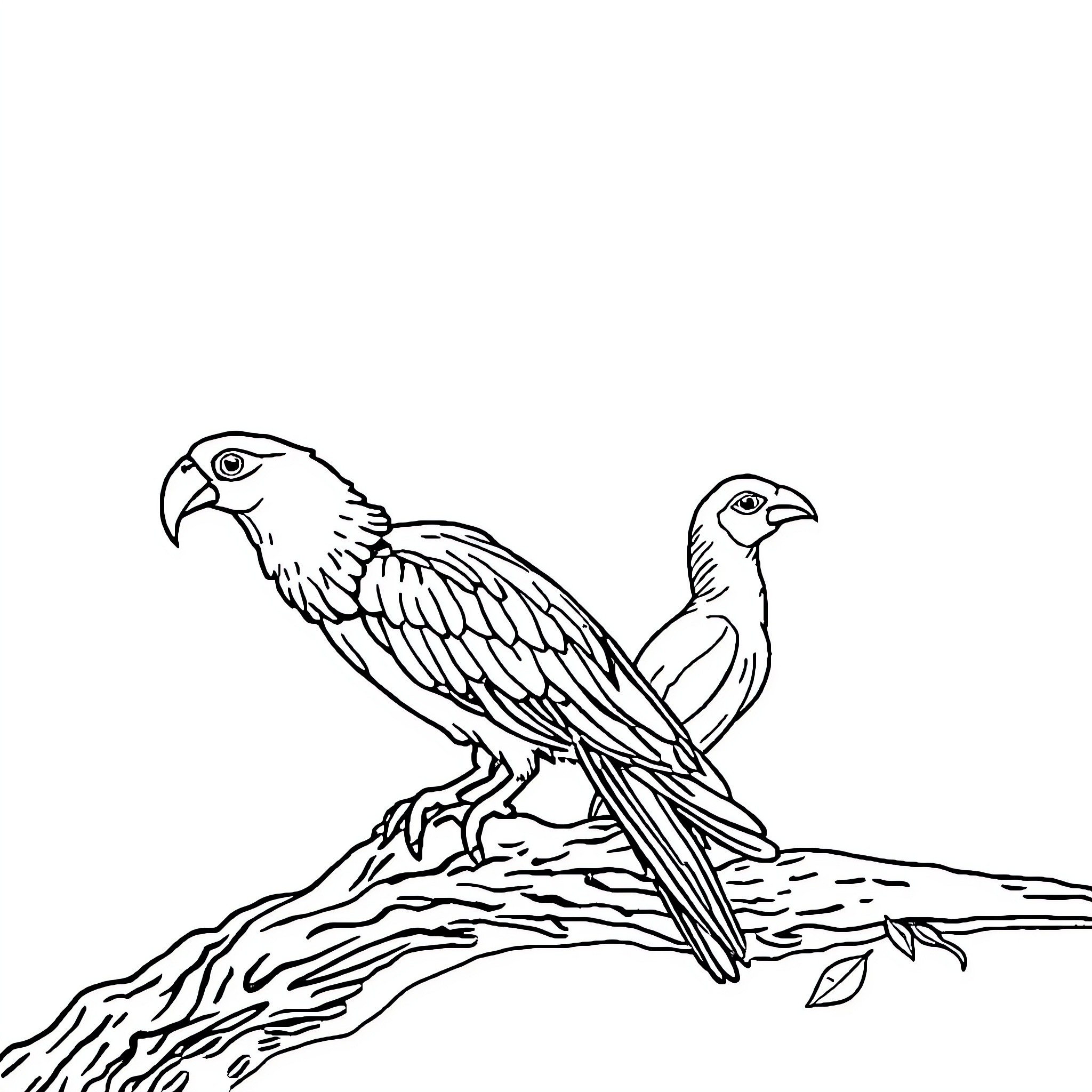 Animal birds perched on tree branch Coloring Page (free black-and-white line drawing printable PDF for all, from beginners to advanced learners, including children, teens, adults, and seniors)