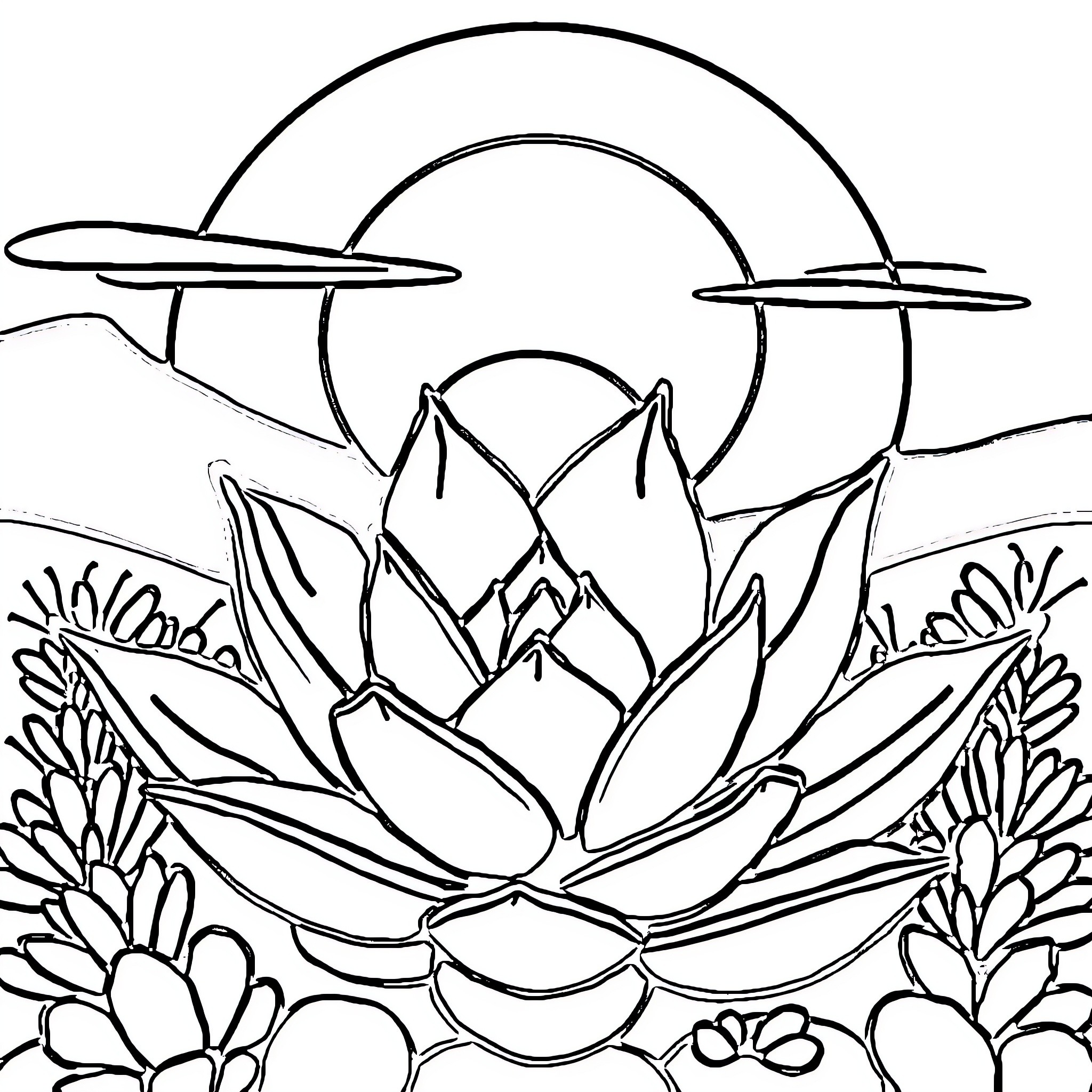 Succulent plants in an abstract landscape Coloring Page (free black-and-white line drawing printable PDF for all, from beginners to advanced learners, including children, teens, adults, and seniors)