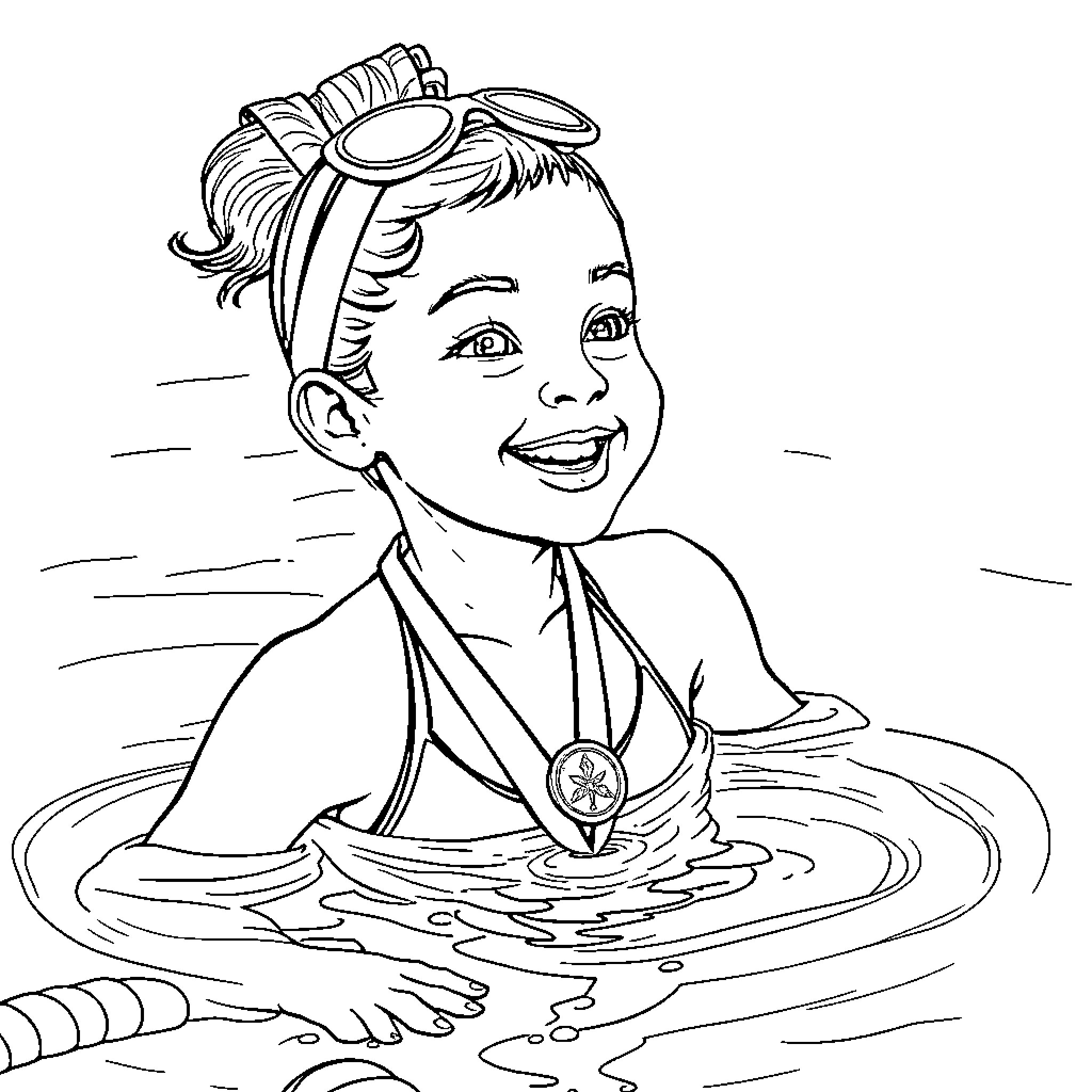 Swimmer enjoying water with enthusiastic expression Coloring Page (free black-and-white line drawing printable PDF for all, from beginners to advanced learners, including children, teens, adults, and seniors)