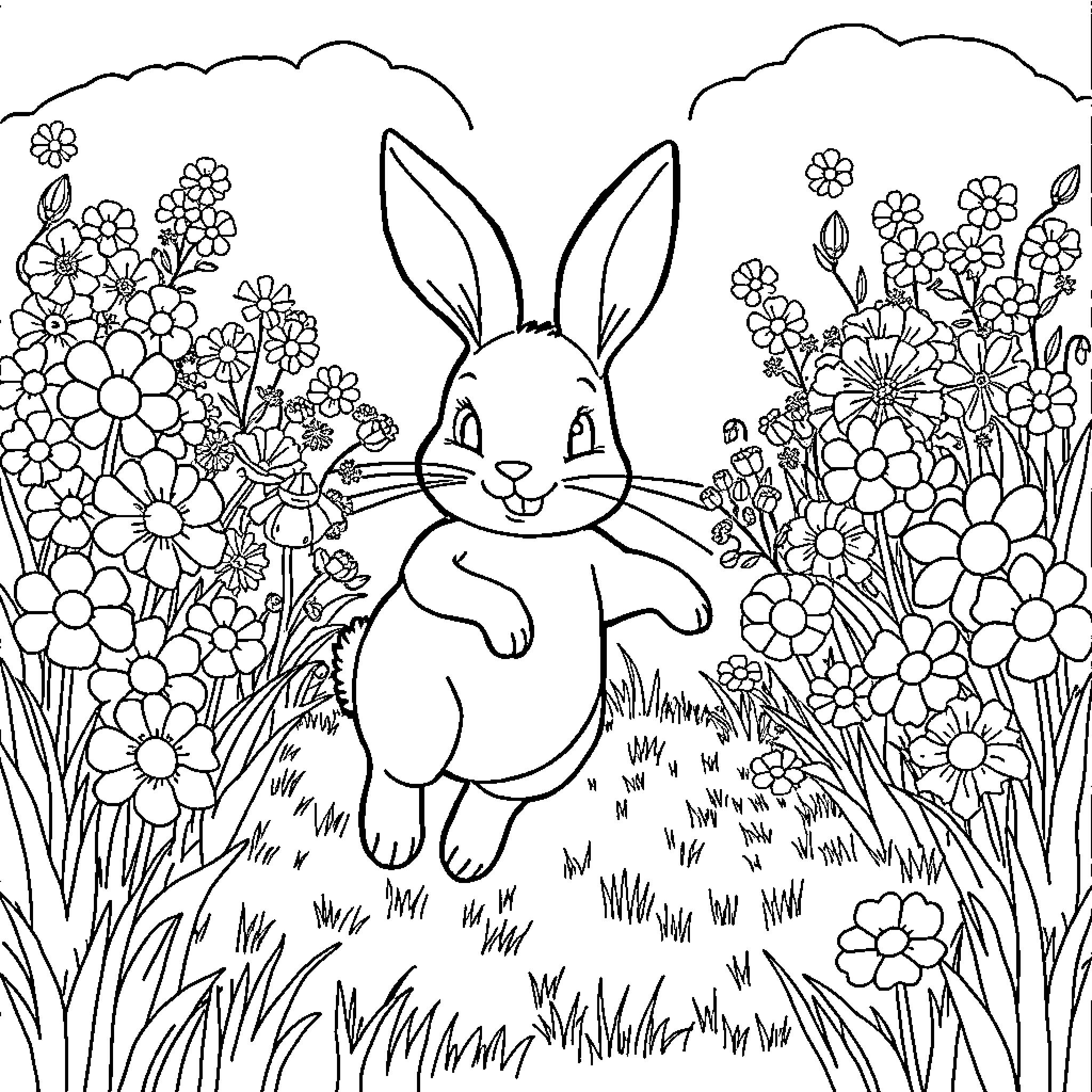 Rabbit enjoying flowers in the garden Coloring Page (free black-and-white line drawing printable PDF for all, from beginners to advanced learners, including children, teens, adults, and seniors)
