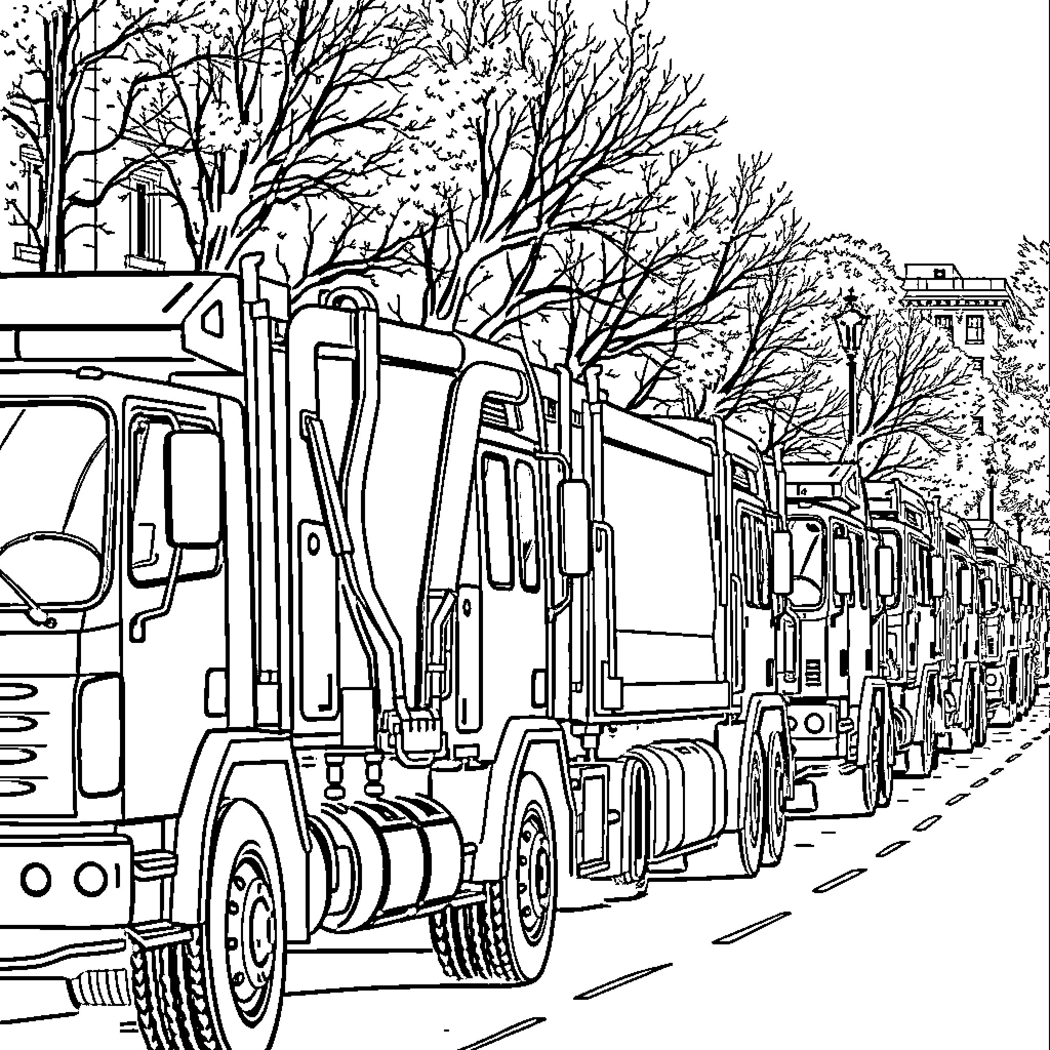 Garbage Trucks in a Busy Street Scene Coloring Page (free black-and-white line drawing printable PDF for all, from beginners to advanced learners, including children, teens, adults, and seniors)