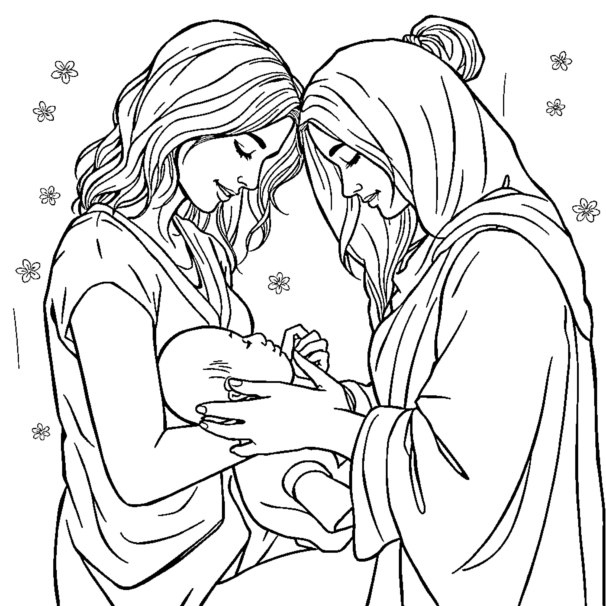 Women in Tender Embrace Coloring Page (free black-and-white line drawing printable PDF for all, from beginners to advanced learners, including children, teens, adults, and seniors)