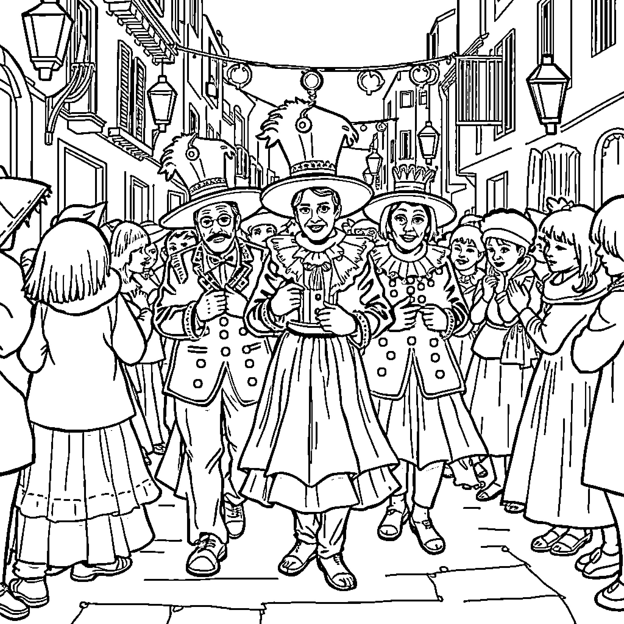 Carnival Celebration with Costumed Dancers and Performers Coloring Page (free black-and-white line drawing printable PDF for all, from beginners to advanced learners, including children, teens, adults, and seniors)