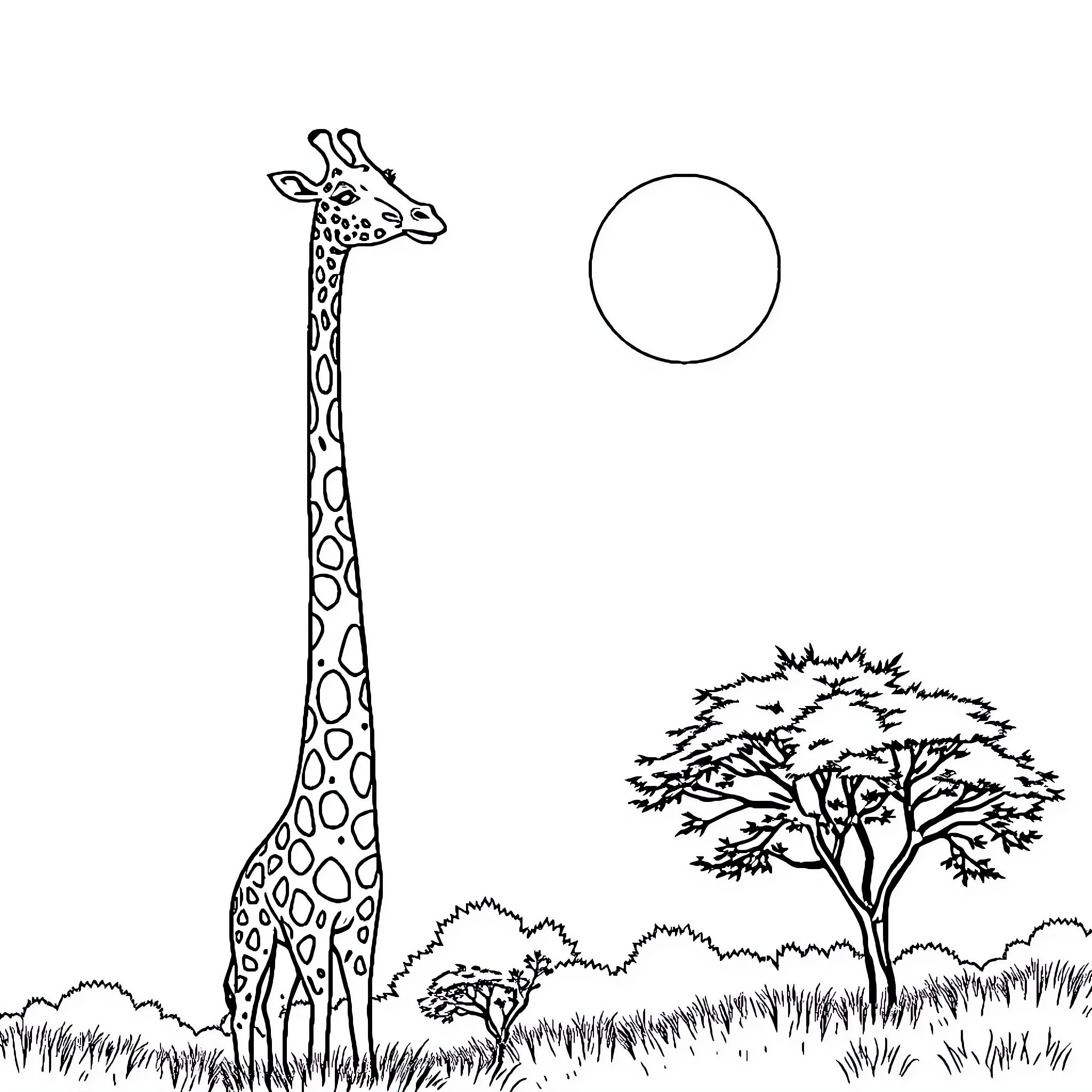 Giraffe standing tall in the African savanna Coloring Page (free black-and-white line drawing printable PDF for all, from beginners to advanced learners, including children, teens, adults, and seniors)