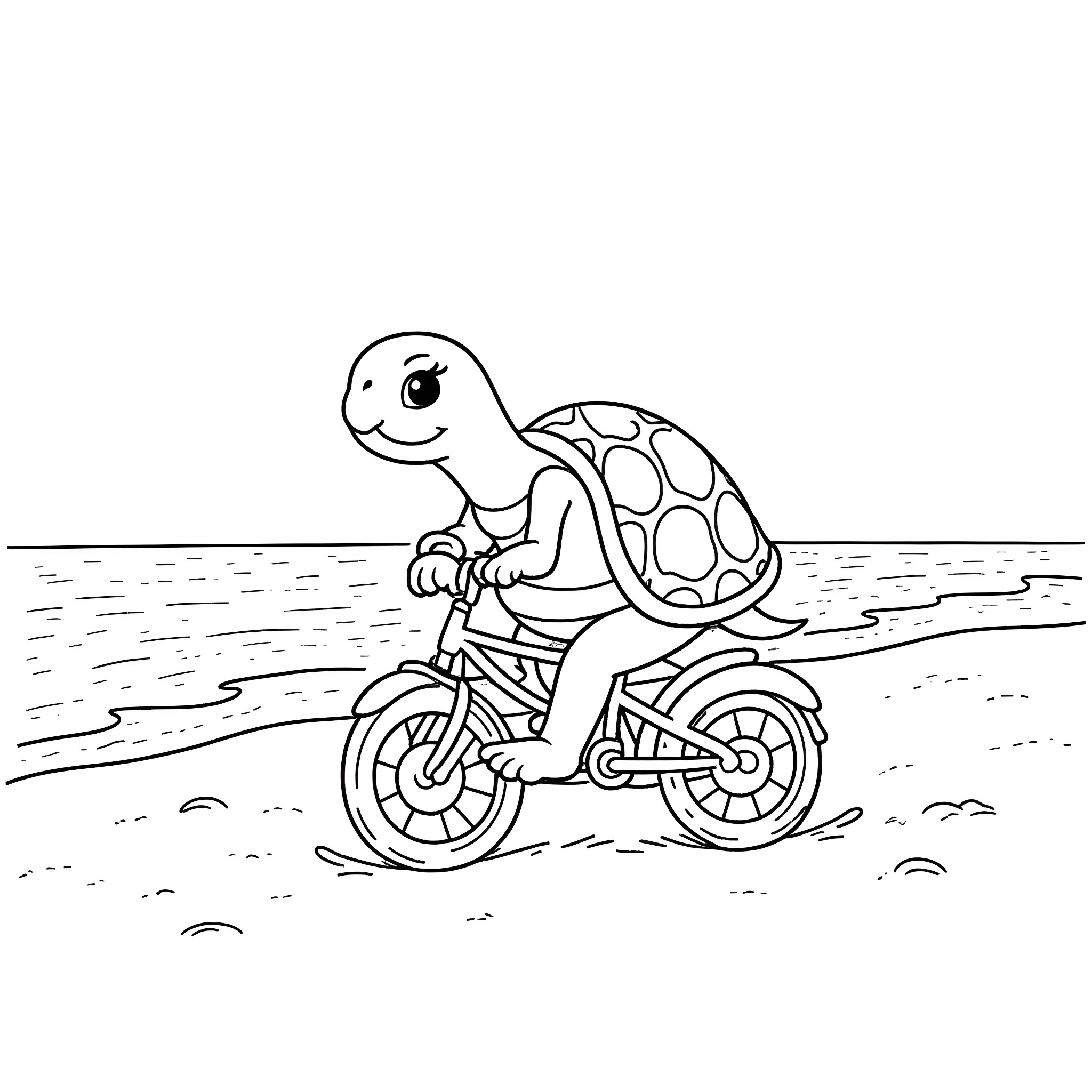 Turtle riding a bicycle on the beach Coloring Page (free black-and-white line drawing printable PDF for all, from beginners to advanced learners, including children, teens, adults, and seniors)
