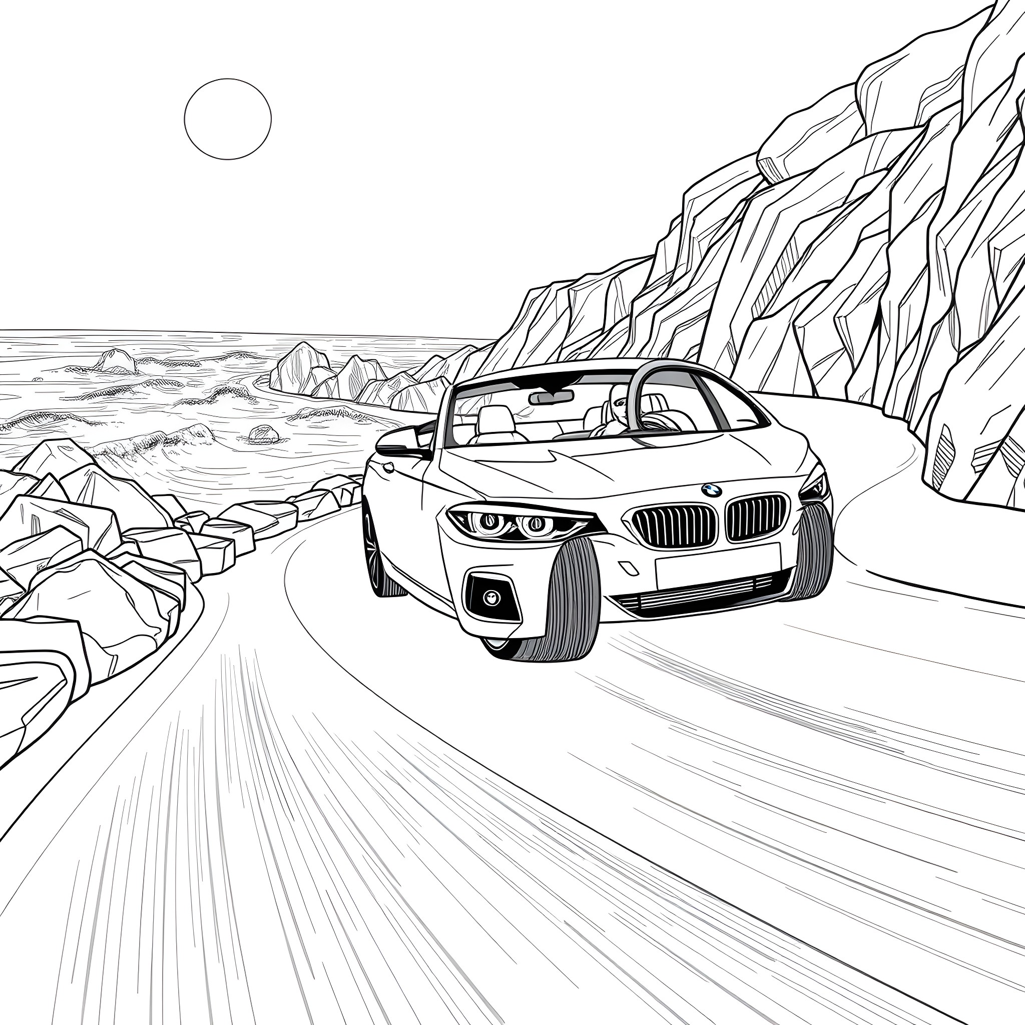 BMW speeding through a rugged mountain landscape Coloring Page (free black-and-white line drawing printable PDF for all, from beginners to advanced learners, including children, teens, adults, and seniors)