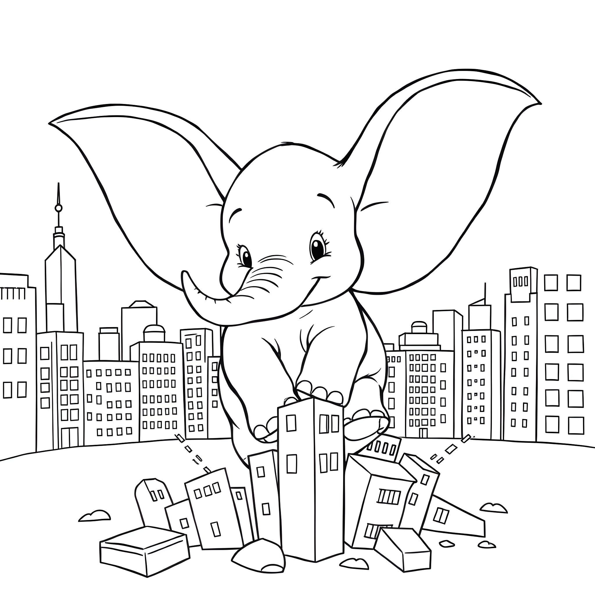 Dumbo the elephant exploring the city skyline Coloring Page (free black-and-white line drawing printable PDF for all, from beginners to advanced learners, including children, teens, adults, and seniors)