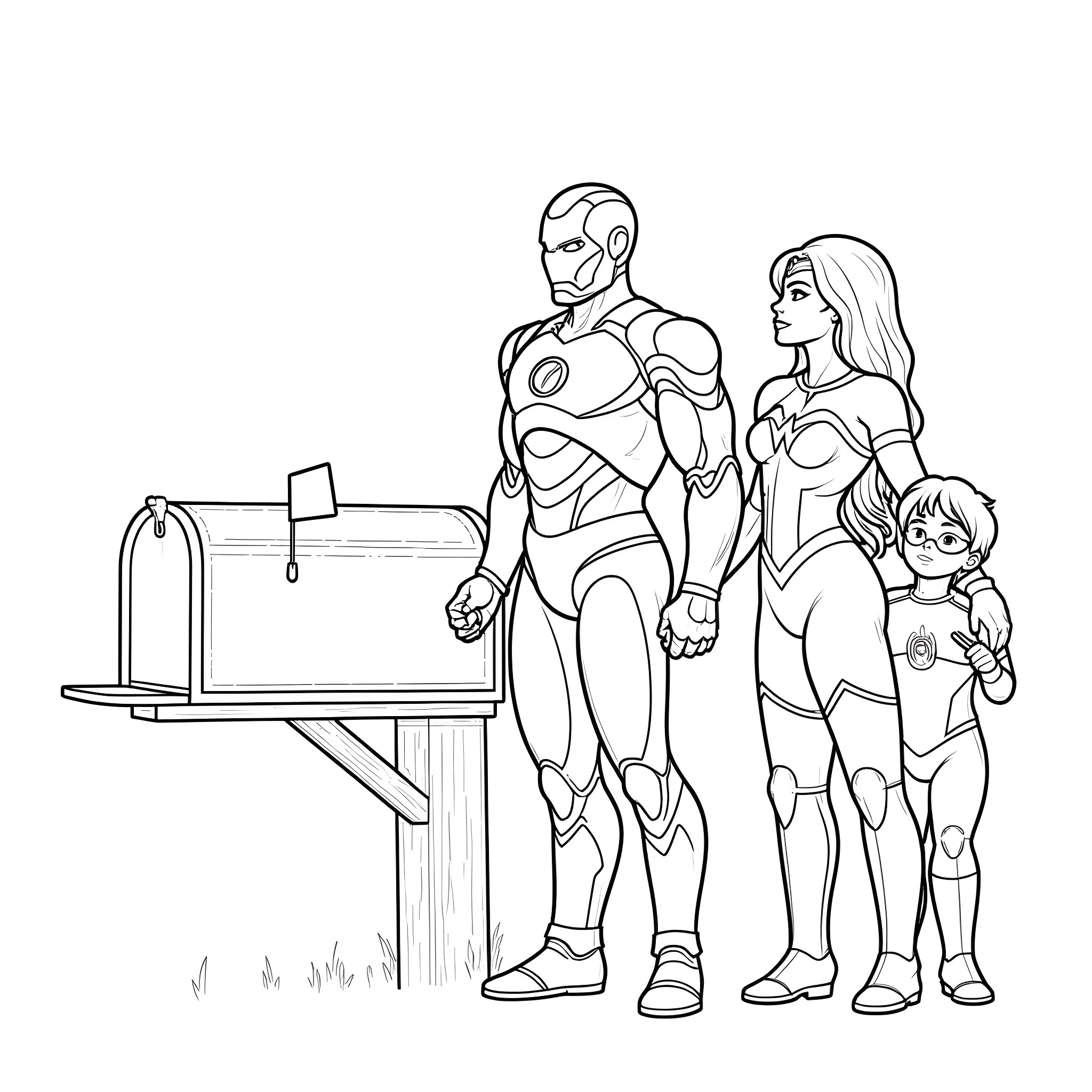 Family Superheroes Checking Mailbox Together Coloring Page (free black-and-white line drawing printable PDF for all, from beginners to advanced learners, including children, teens, adults, and seniors)