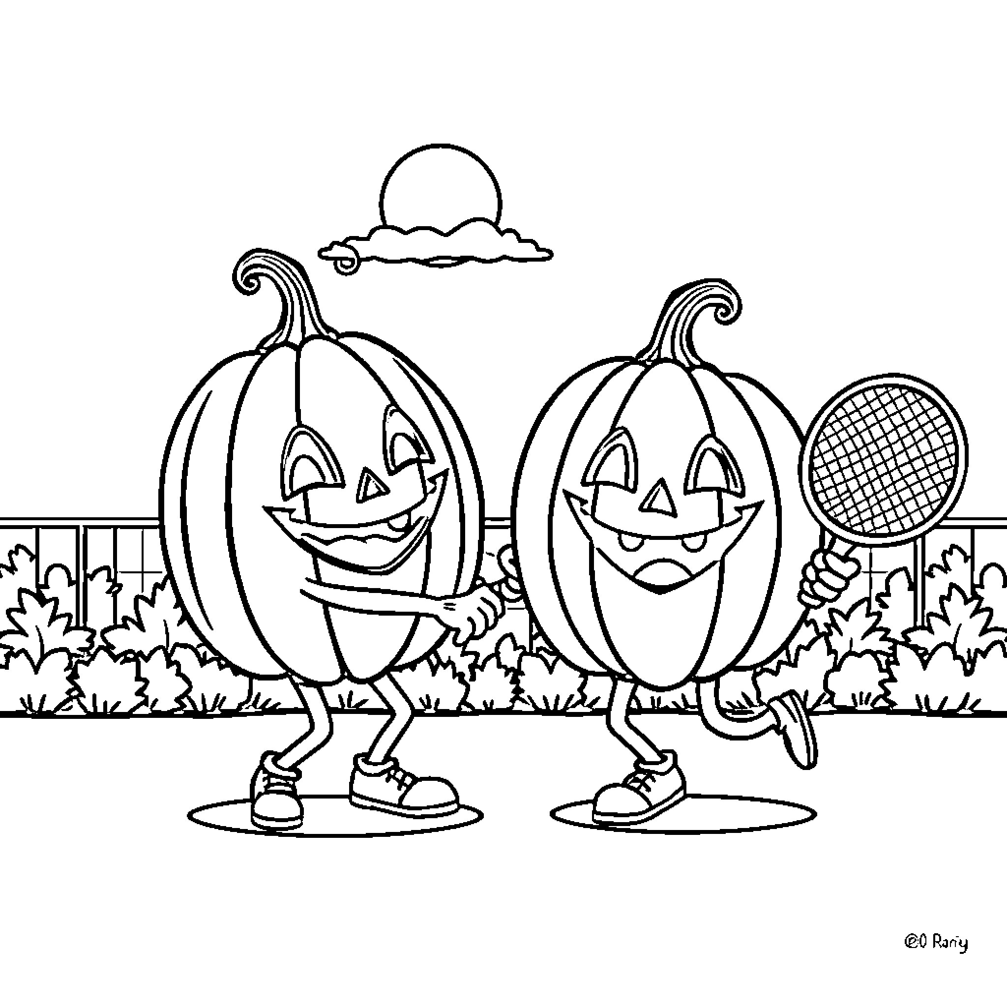 Pumpkins playing tennis in the park Coloring Page (free black-and-white line drawing printable PDF for all, from beginners to advanced learners, including children, teens, adults, and seniors)