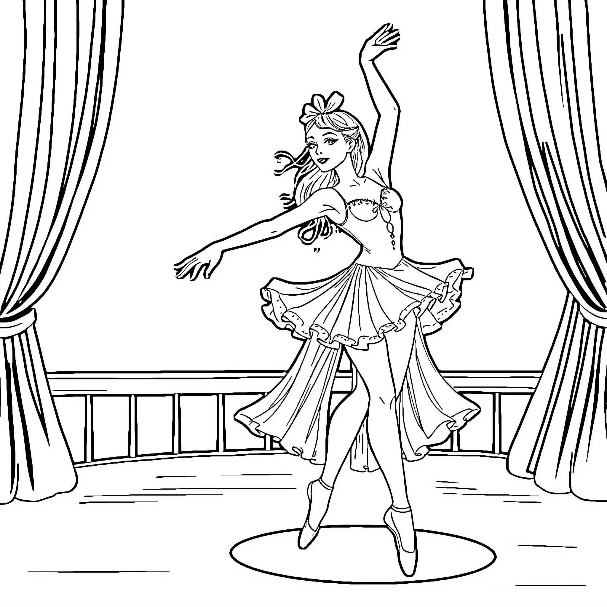 Ballerina gracefully performing on stage Coloring Page (free black-and-white line drawing printable PDF for all, from beginners to advanced learners, including children, teens, adults, and seniors)