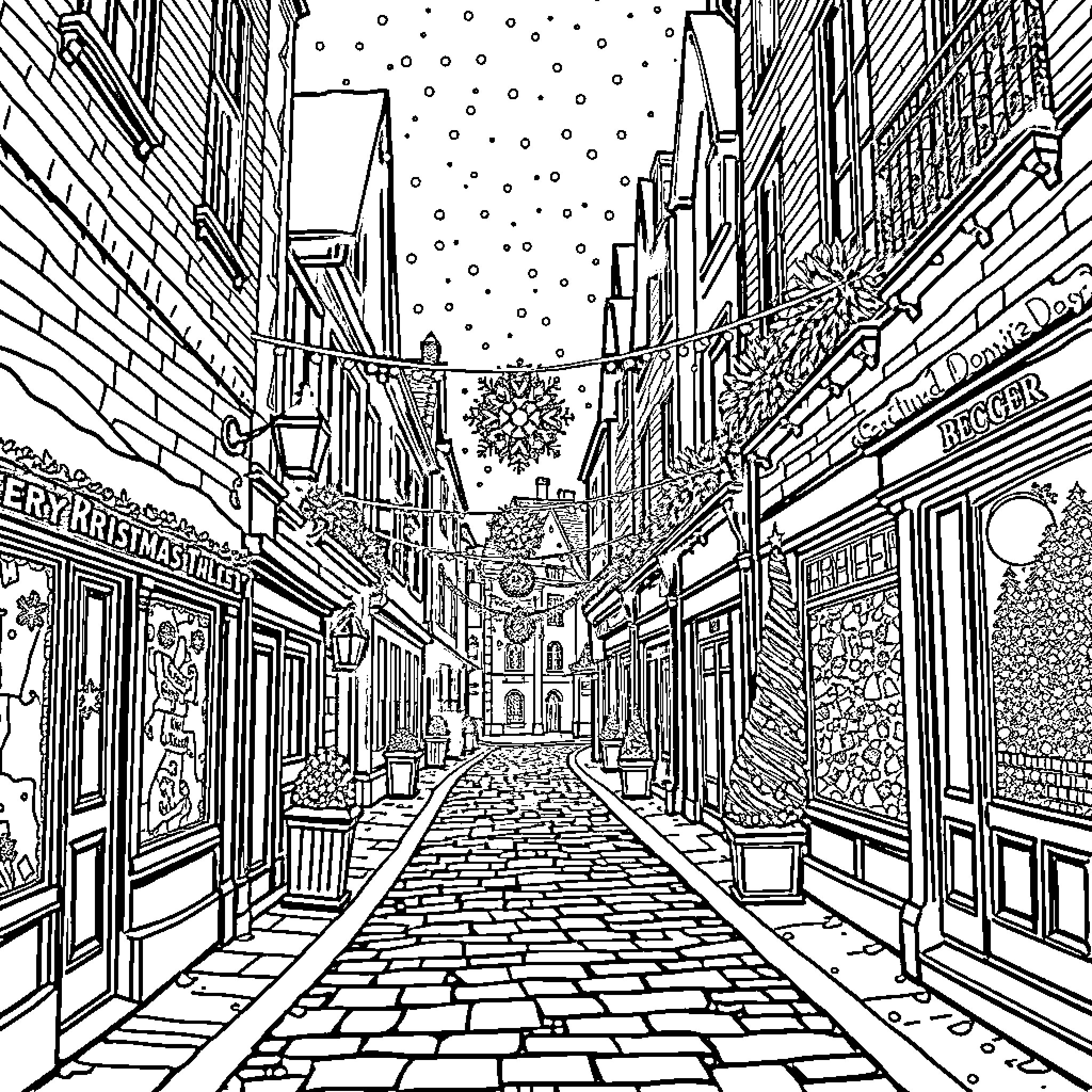 Diagon Alley: Whimsical Winter Wonderland Coloring Page (free black-and-white line drawing printable PDF for all, from beginners to advanced learners, including children, teens, adults, and seniors)