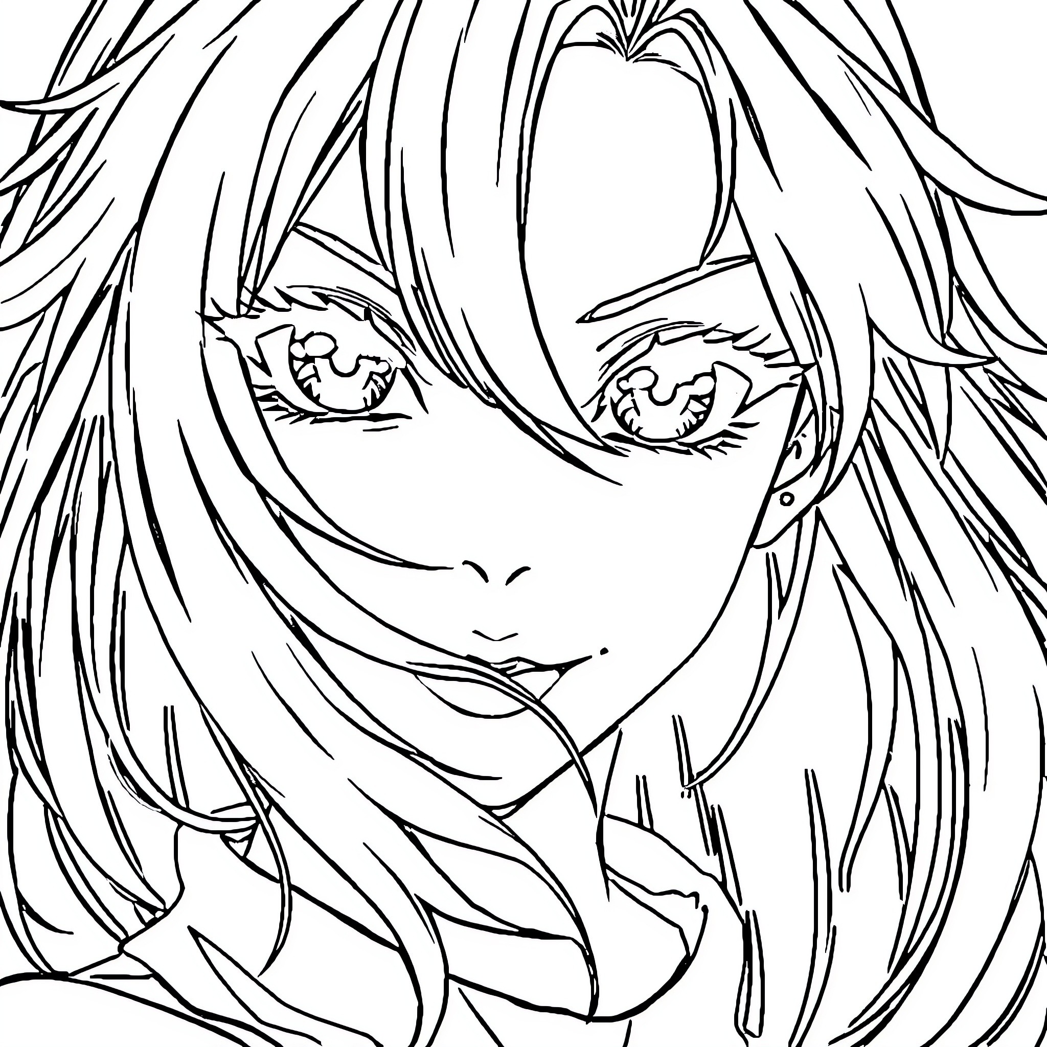 Anime Character with Intense Gaze Coloring Page (free black-and-white line drawing printable PDF for all, from beginners to advanced learners, including children, teens, adults, and seniors)