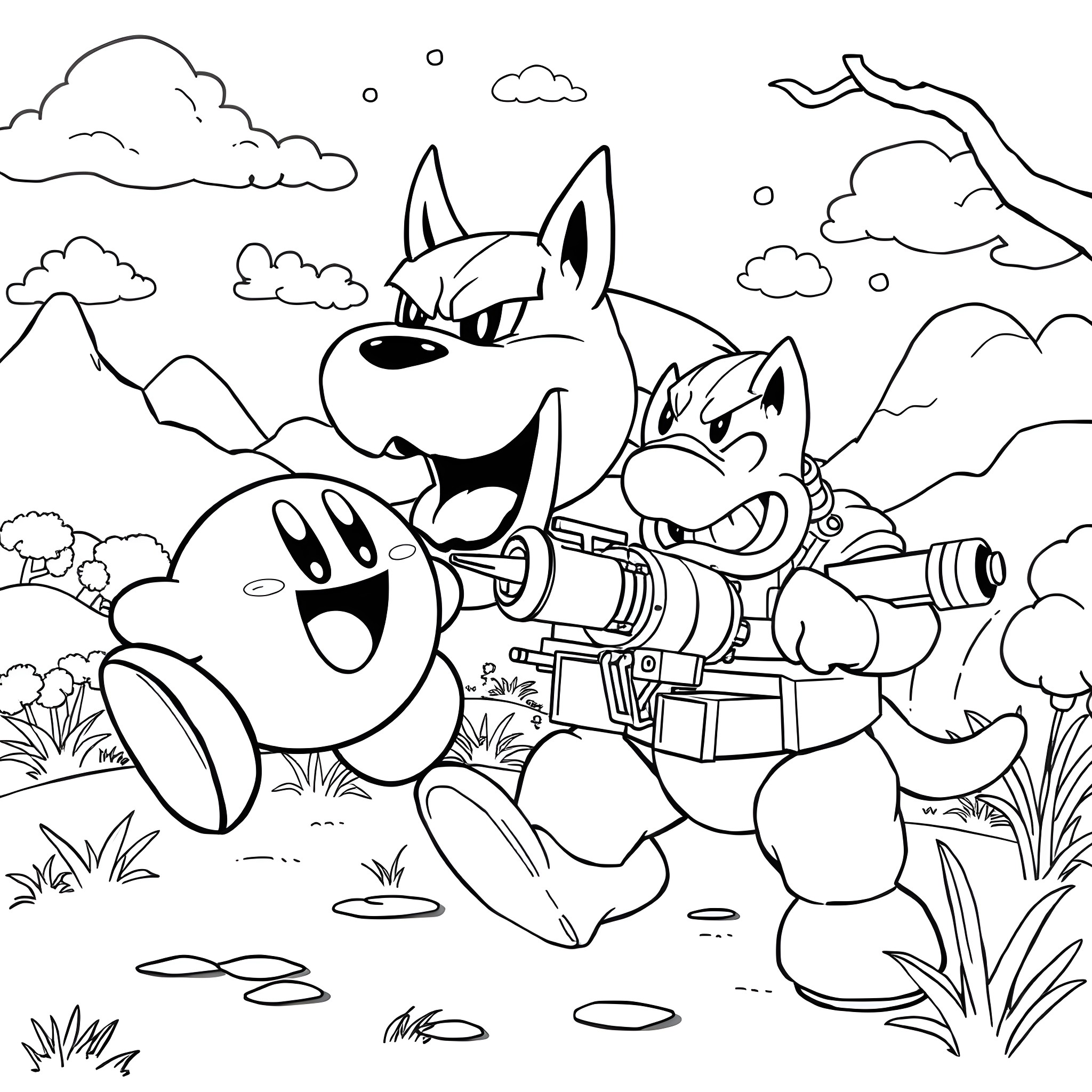 Kirby's Adventure in the Wilderness Coloring Page (free black-and-white line drawing printable PDF for all, from beginners to advanced learners, including children, teens, adults, and seniors)