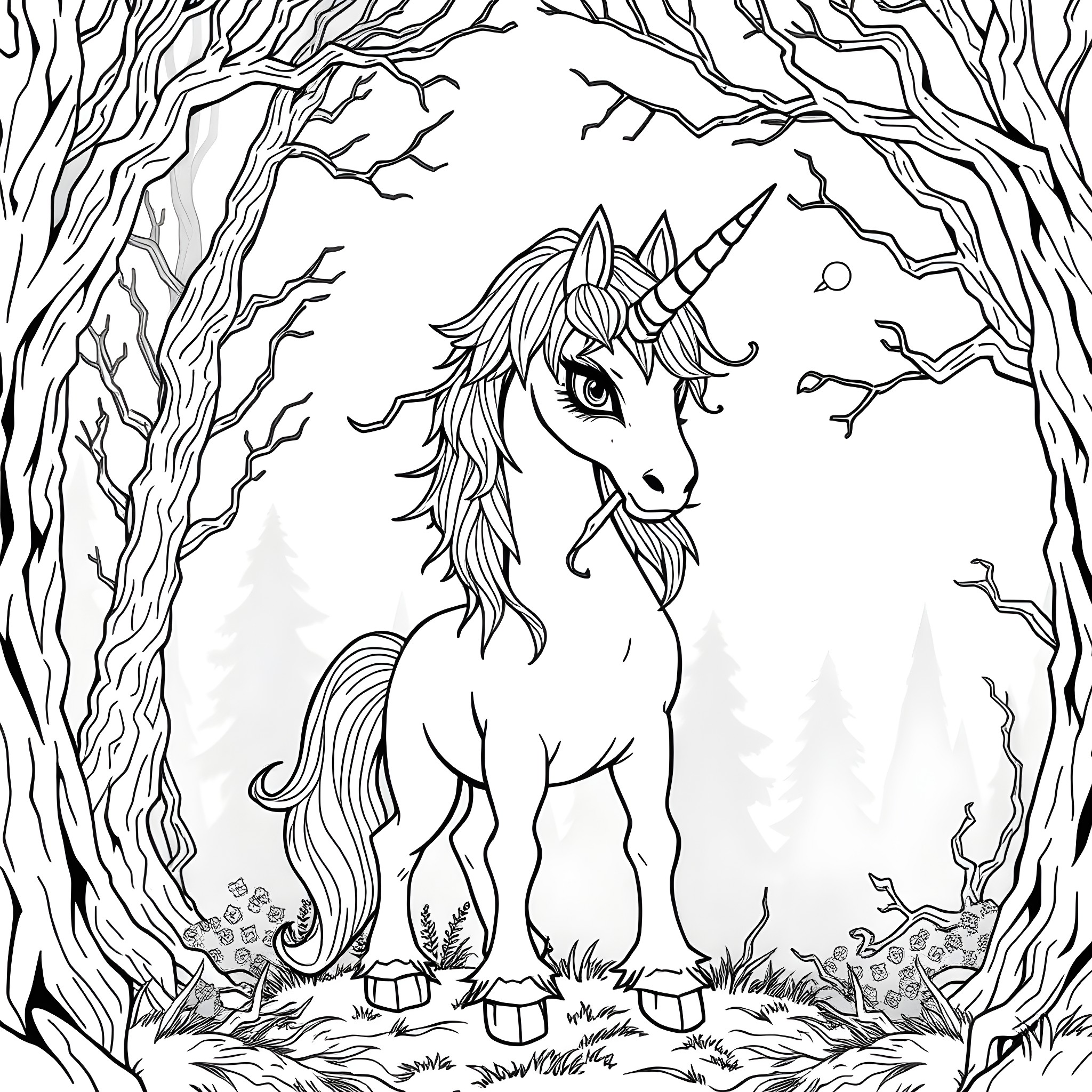 Zombie Unicorn in a Haunted Forest Coloring Page (free black-and-white line drawing printable PDF for all, from beginners to advanced learners, including children, teens, adults, and seniors)