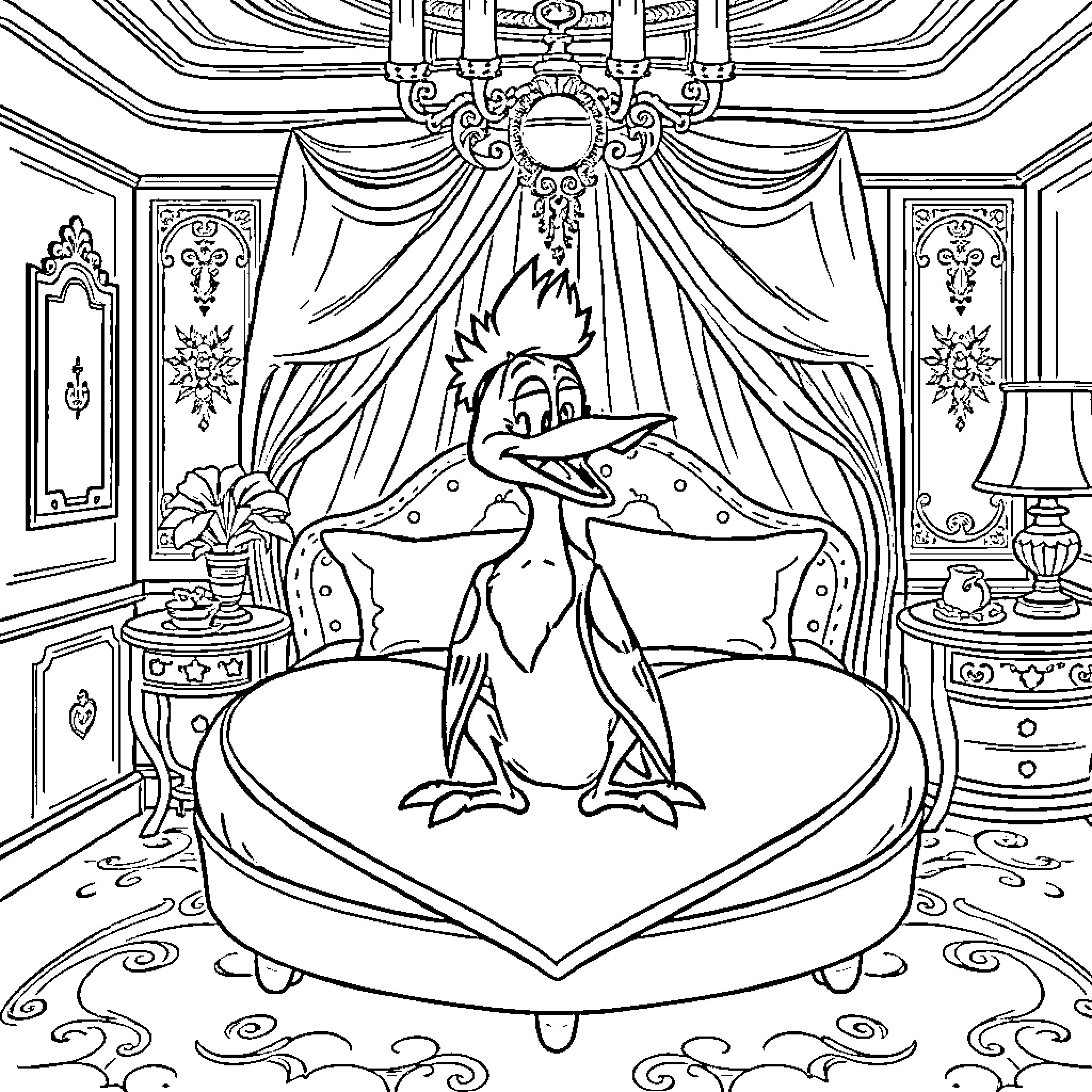 Woody Woodpecker lounging in a luxurious chamber Coloring Page (free black-and-white line drawing printable PDF for all, from beginners to advanced learners, including children, teens, adults, and seniors)