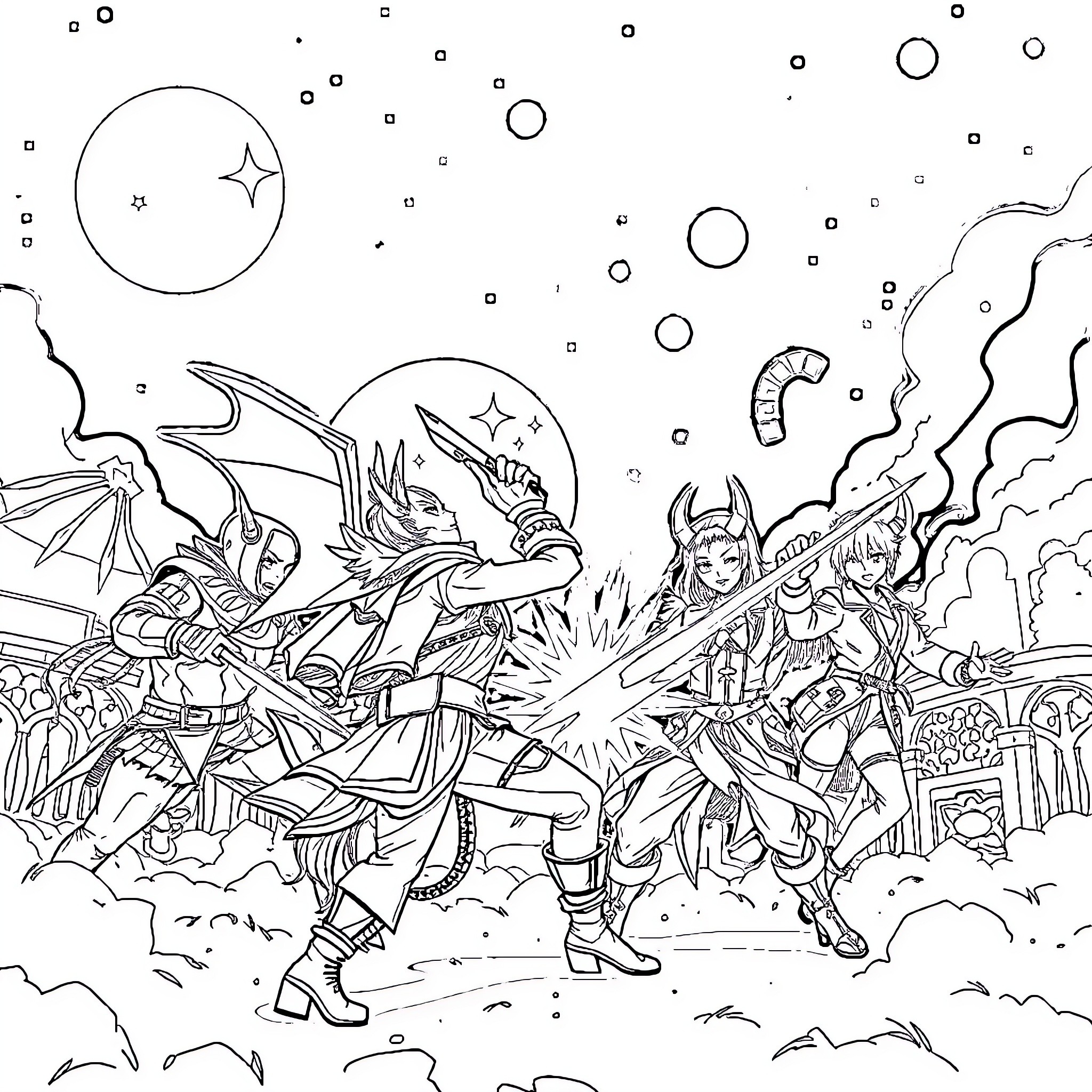 Kpop Demon Hunter - Fierce Warriors Battle Supernatural Foes Coloring Page (free black-and-white line drawing printable PDF for all, from beginners to advanced learners, including children, teens, adults, and seniors)