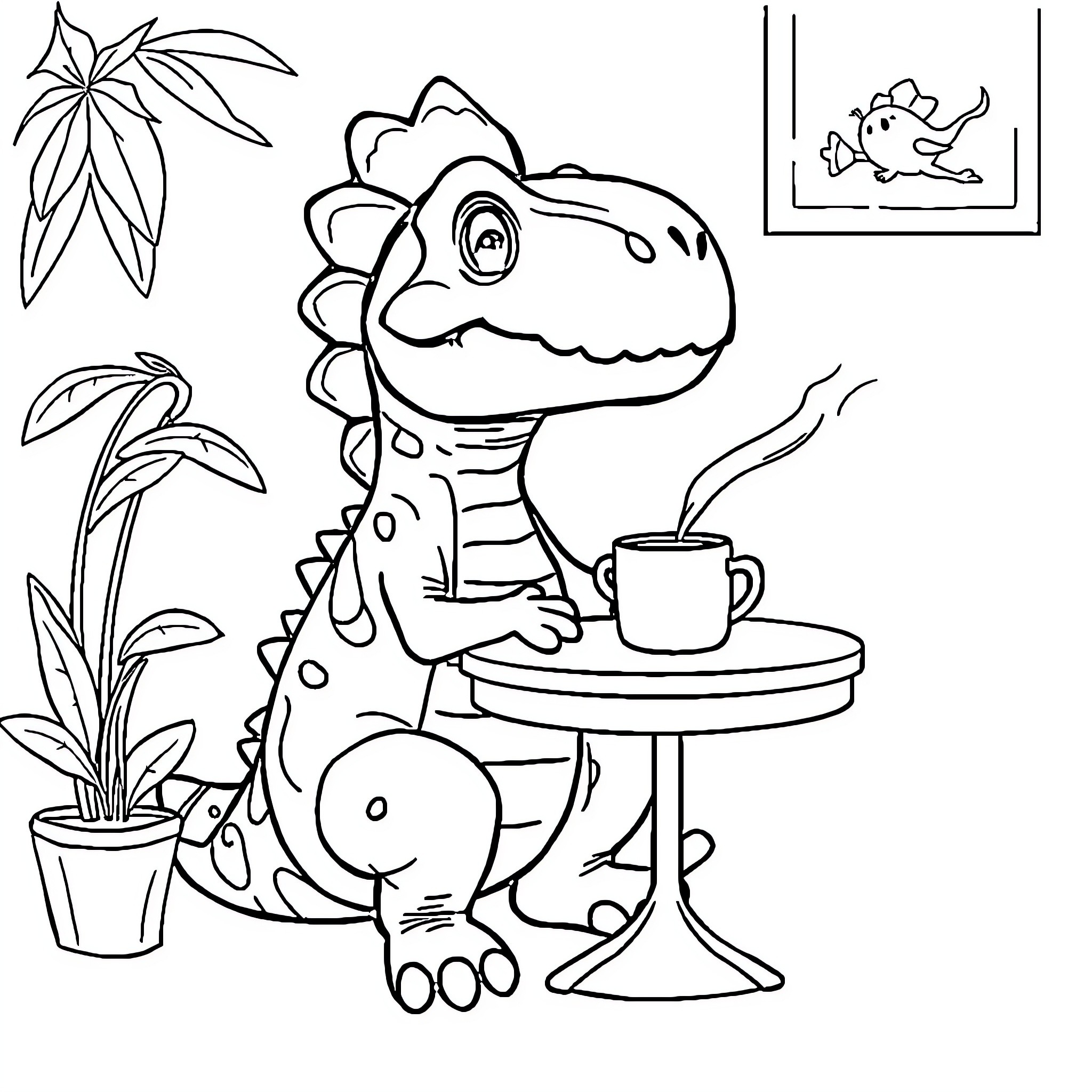 Dinosaur enjoying a coffee break in the jungle Coloring Page (free black-and-white line drawing printable PDF for all, from beginners to advanced learners, including children, teens, adults, and seniors)
